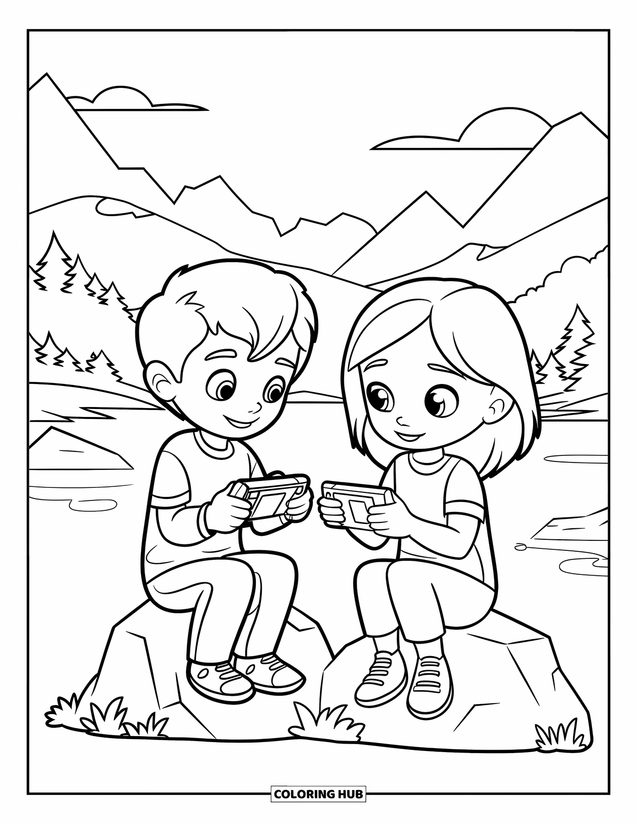 Gamer Coloring Page for Kids: A boy and girl sharing a portable game in a scenic landscape
