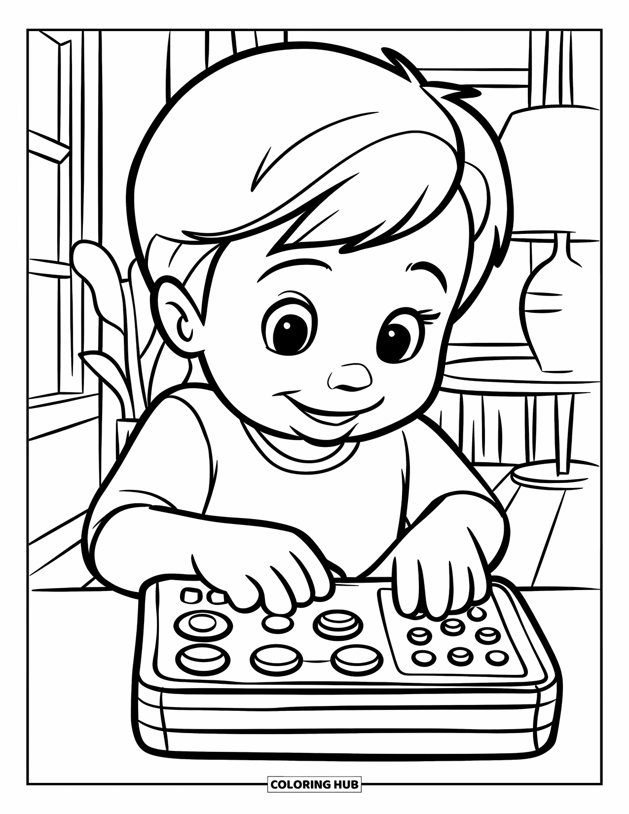 Gamer Coloring Page for Kids: A child tapping buttons on a portable console in a cozy room