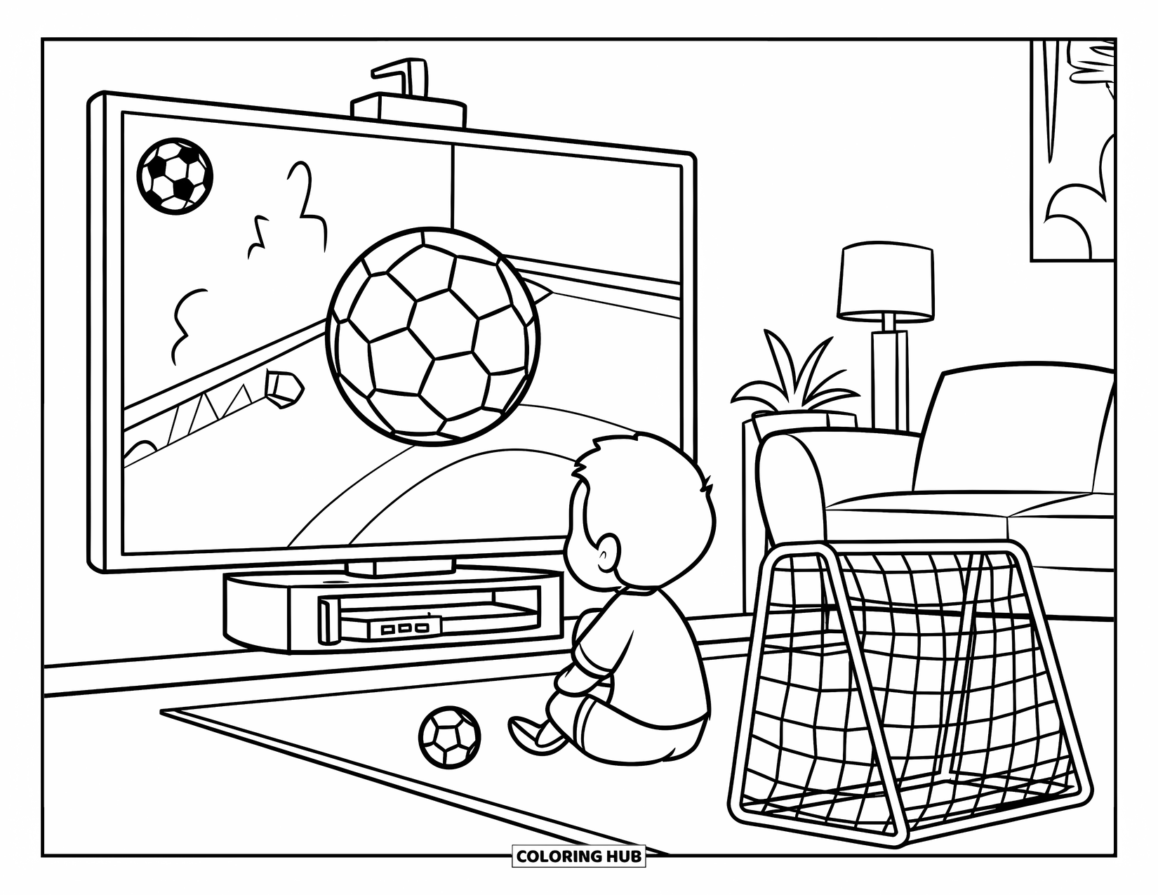 Gamer Coloring Page for Kids: A child watching a soccer game on a big-screen TV in a living room