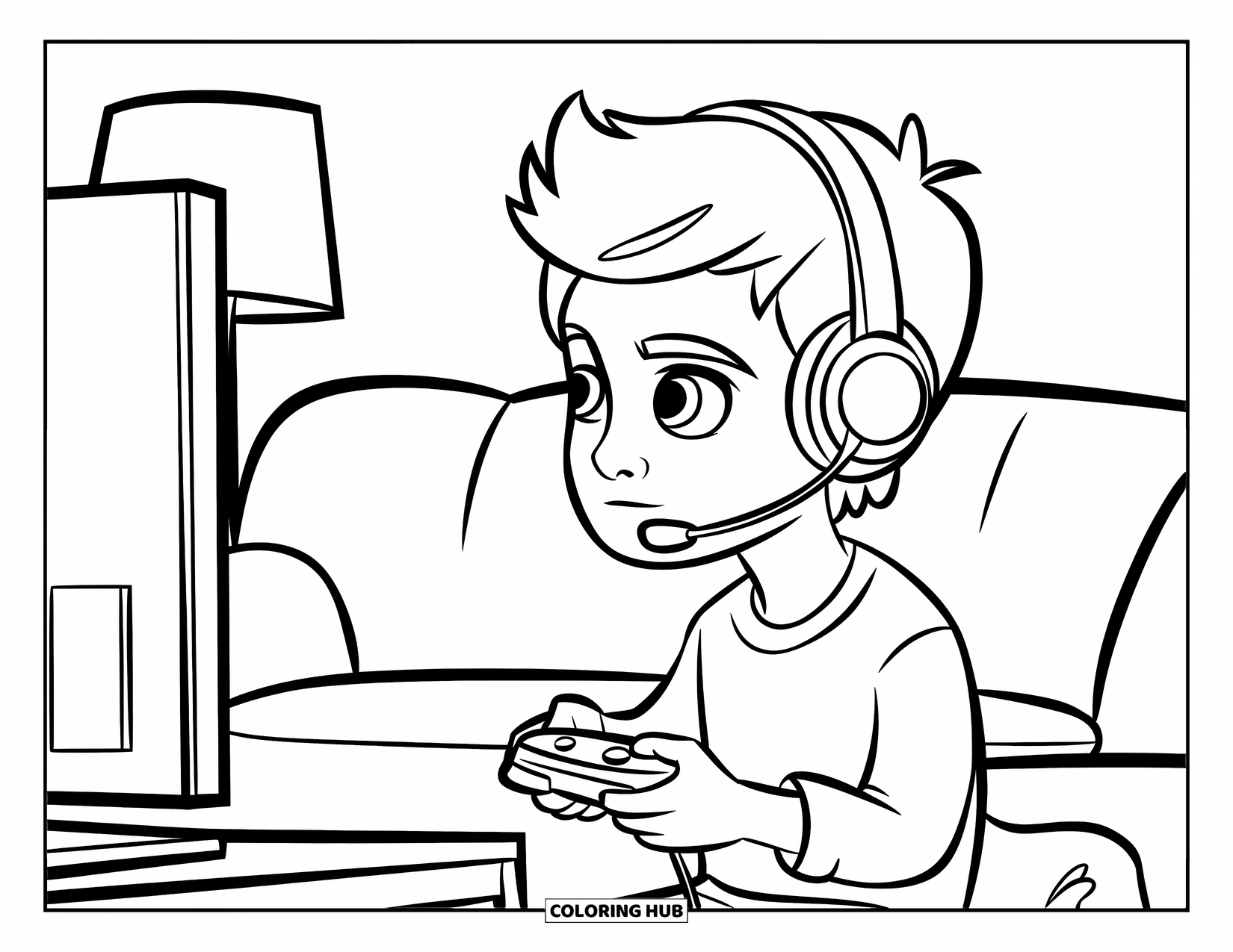 Gamer Coloring Page for Kids: A child wearing a headset playing a game in front of a TV