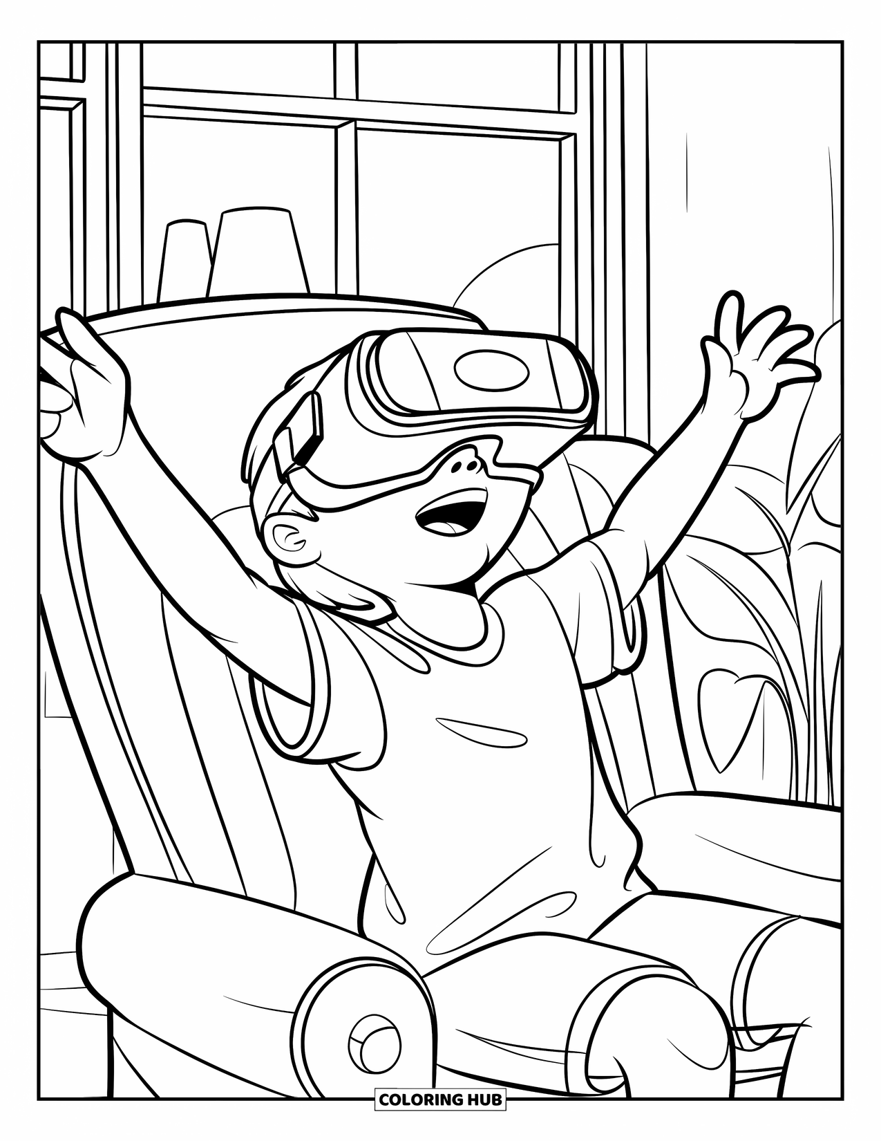 Gamer Coloring Page for Kids: A child wearing a VR headset swinging arms while playing a game