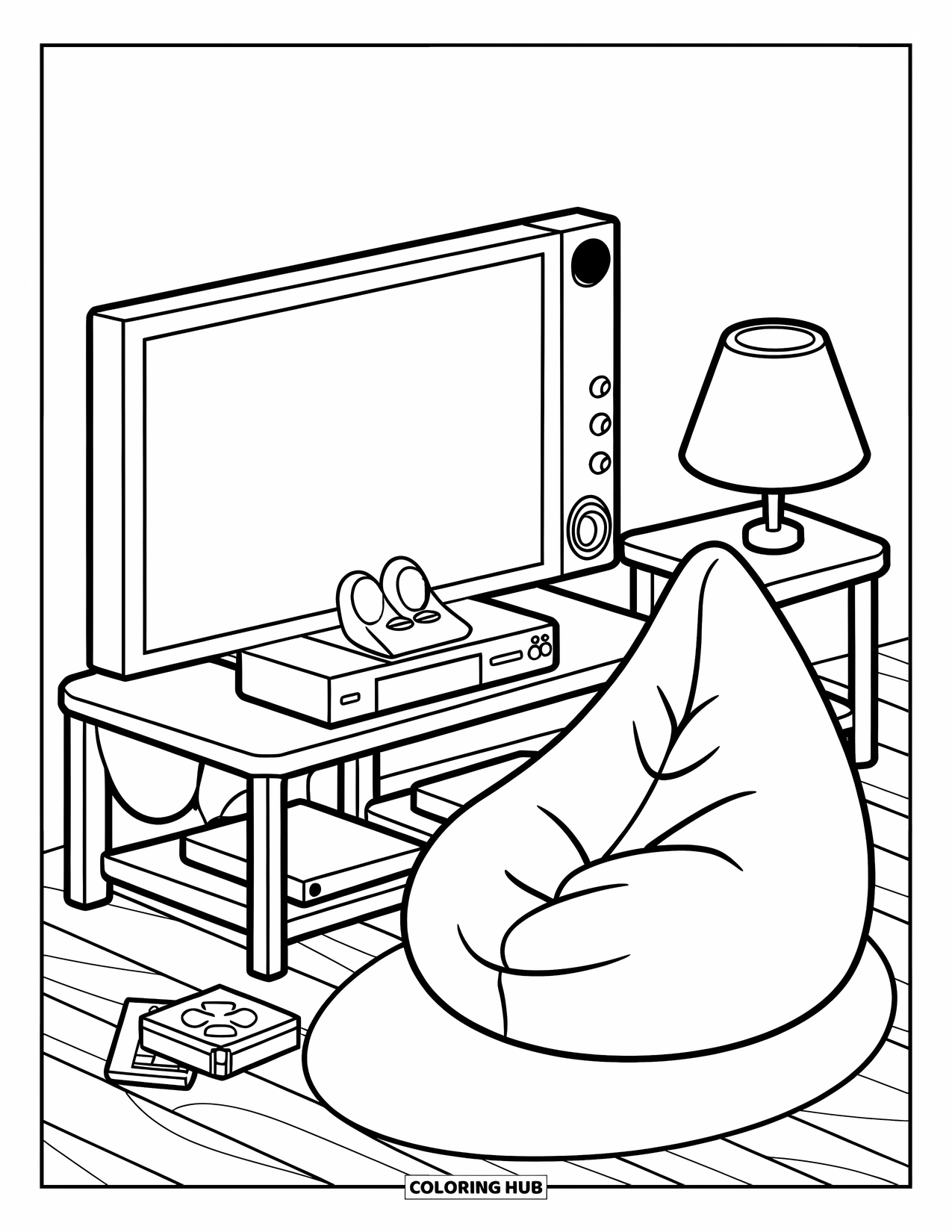 Gamer Coloring Page for Kids: A console and TV with a bean bag chair and games on the floor