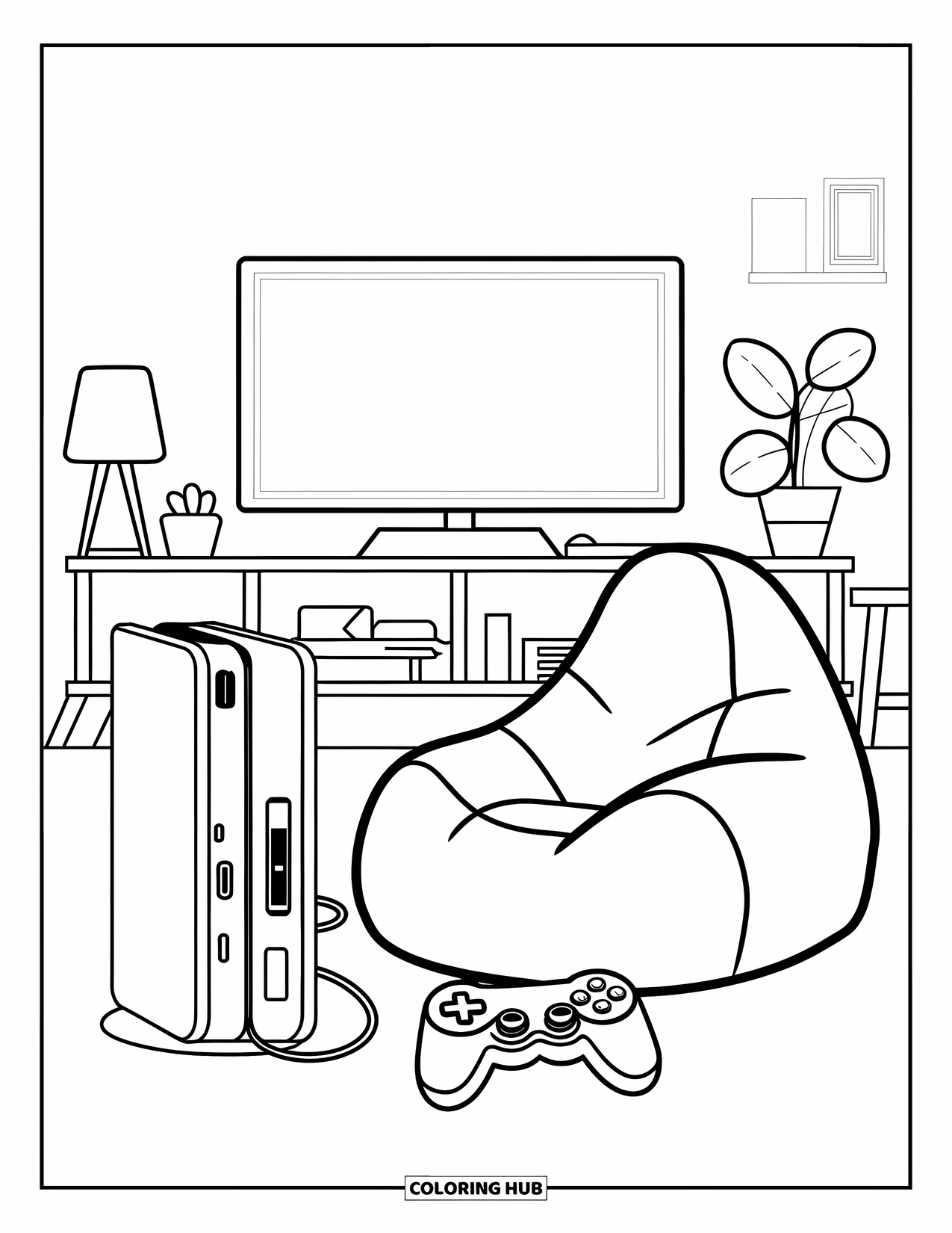 Gamer Coloring Page for Kids: A cozy gaming setup with a console, controller, and bean bag chair