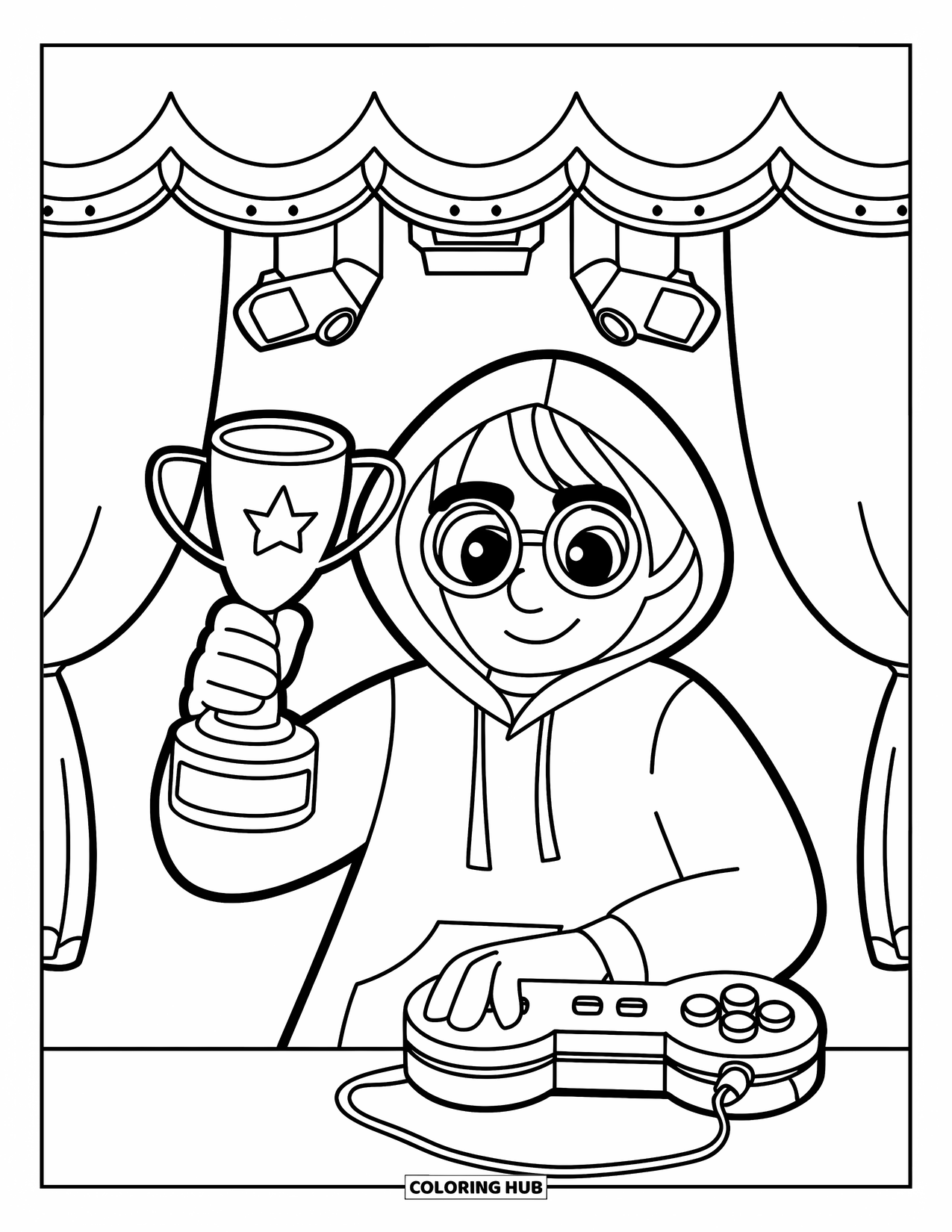 Gamer Coloring Page for Kids: A gamer in glasses holding a trophy beside a vintage controller