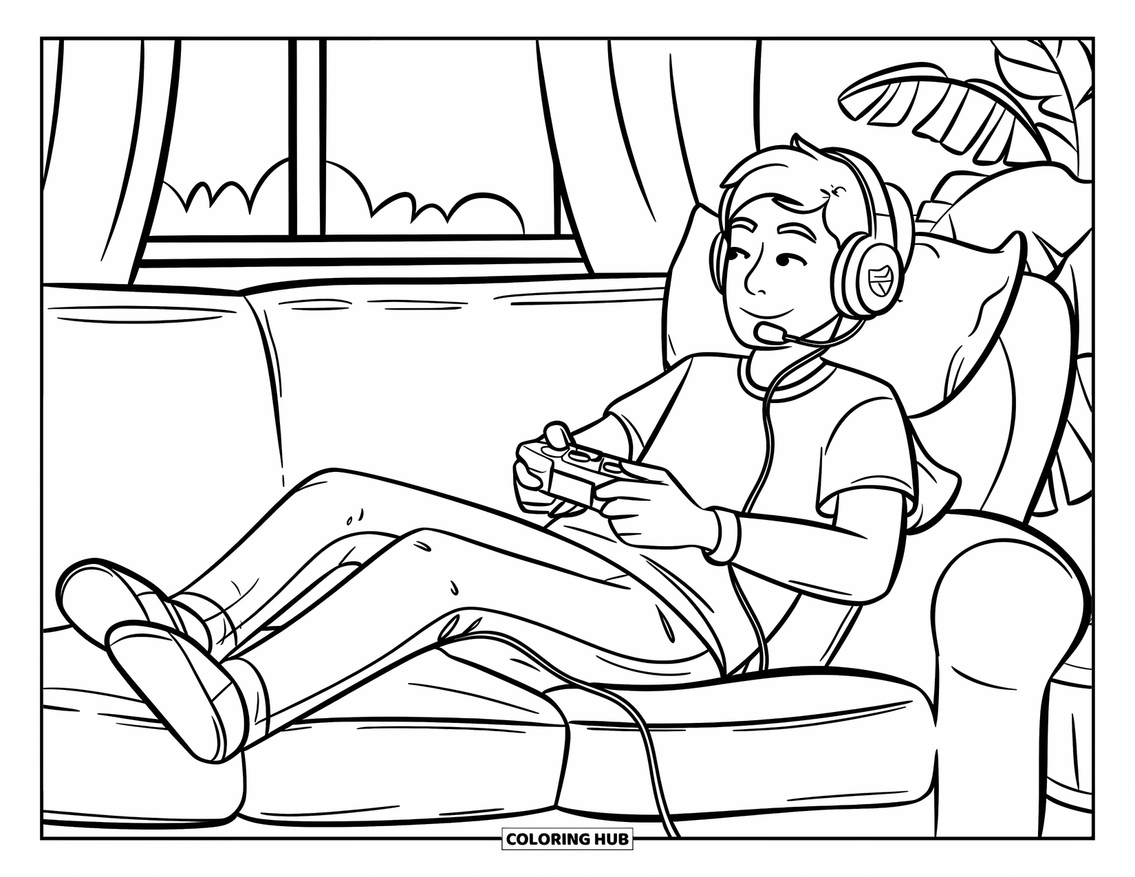 Gamer Coloring Page for Kids: A gamer lounging on a couch with a headset and console