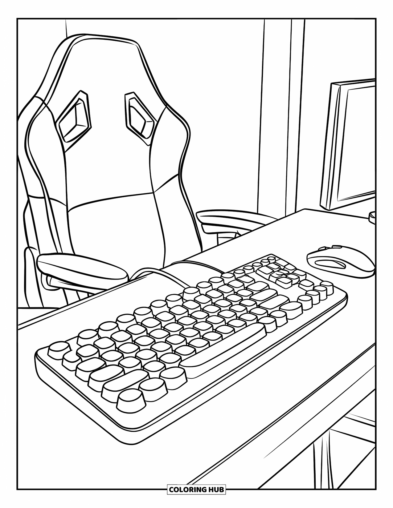 Gamer Coloring Page for Kids: A gaming keyboard with chunky keys on a desk with a mouse