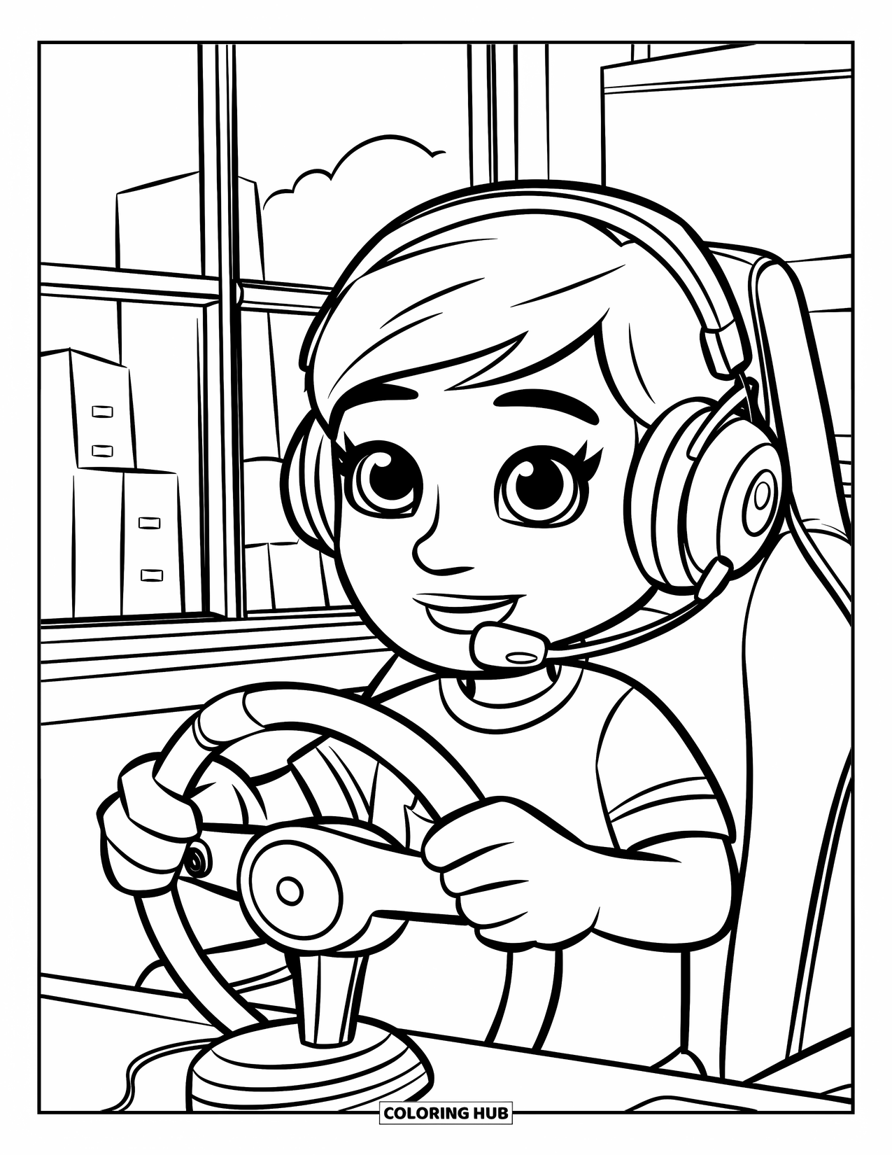 Gamer Coloring Page for Kids: A grade-school gamer playing a racing game with a steering wheel