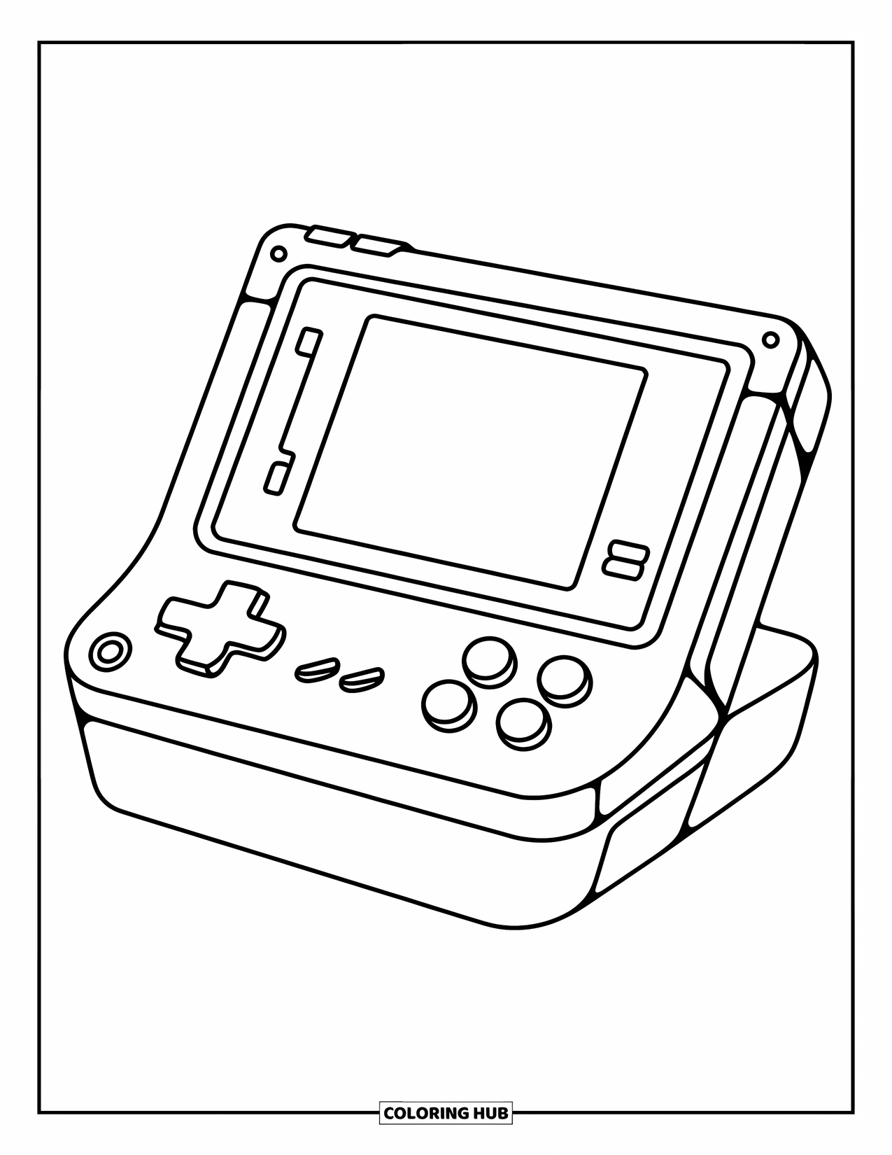 Gamer Coloring Page for Kids: A handheld console with a circular screen and two side buttons