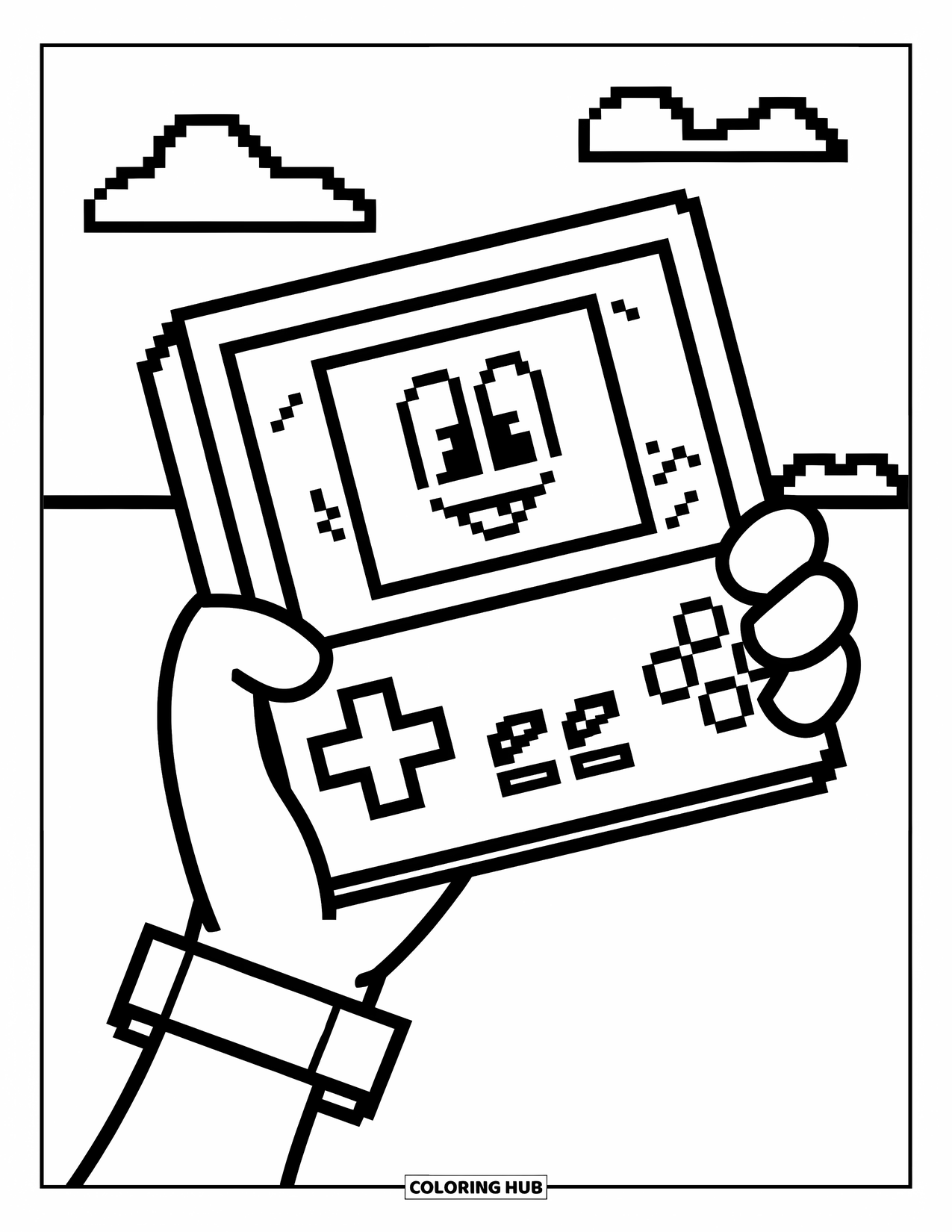 Gamer Coloring Page for Kids: A handheld console with a screen showing a pixelated smiling face