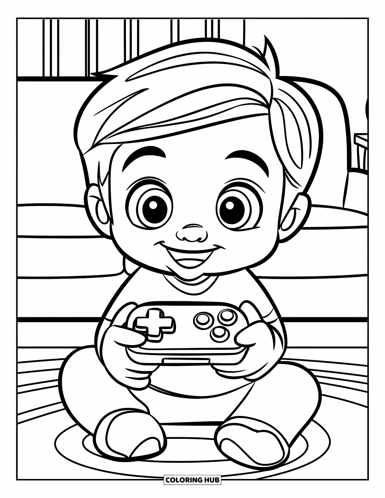 Gamer Coloring Page for Kids: A joyful kid on the floor holding a large-button controller
