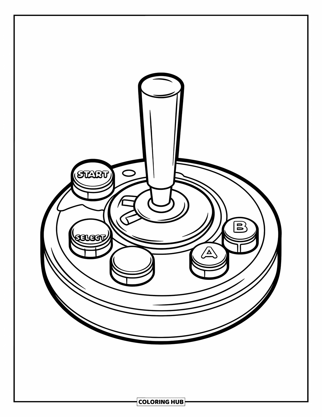 Gamer Coloring Page for Kids: A joystick with labeled buttons "Start," "Select," "A," and "B"