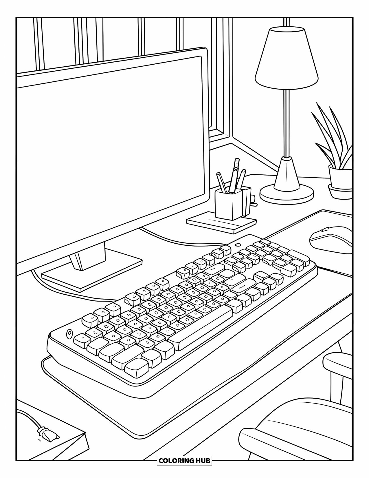 Gamer Coloring Page for Kids: A keyboard on a desk with a mouse, window, lamp, and plant