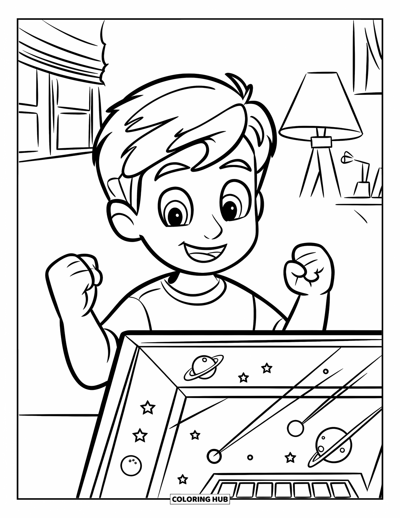 Gamer Coloring Page for Kids: A kid cheering while playing a space-themed video game