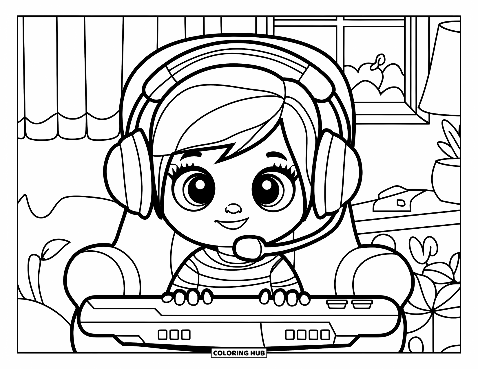 Gamer Coloring Page for Kids: A kid in a gaming chair with a headset in a cozy room