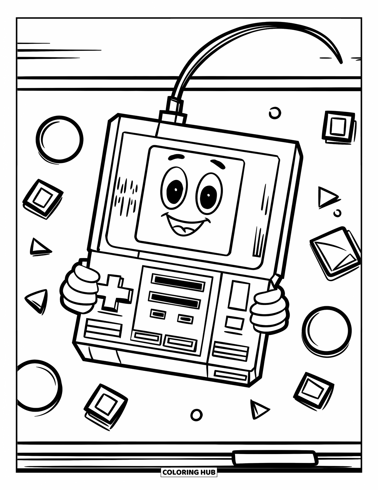 Gamer Coloring Page for Kids: A smiling handheld console holding a cartridge with playful shapes