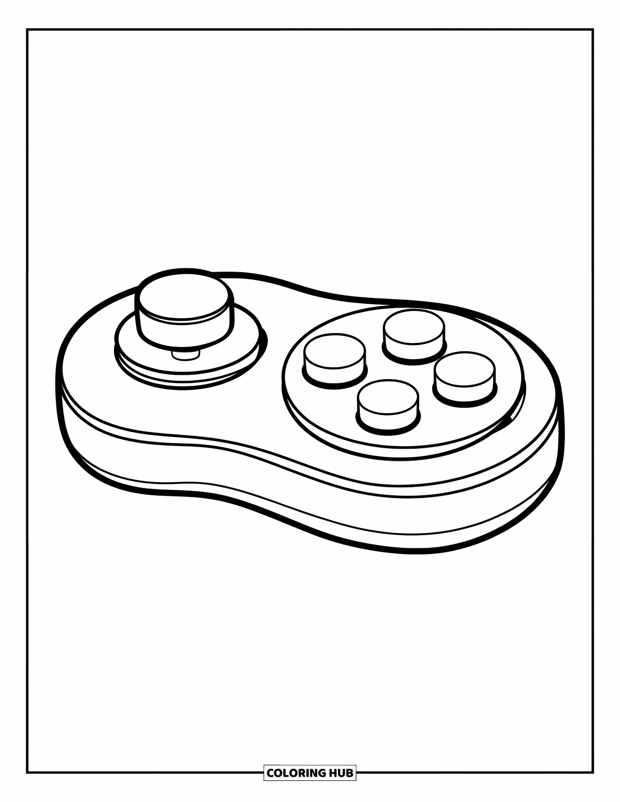 Gamer Coloring Page for Kids: A star-based joystick with a circular knob and three big buttons