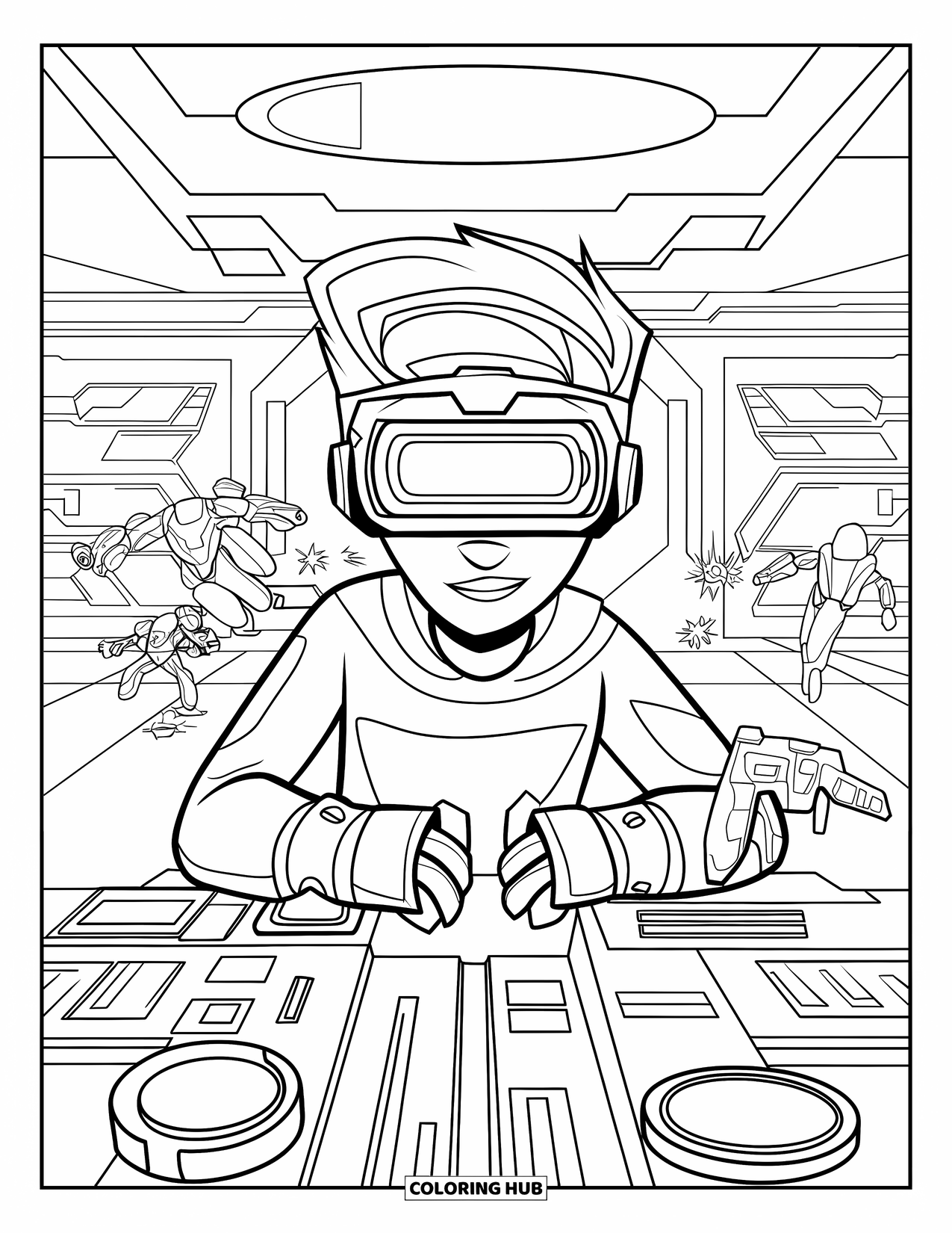 Gamer Coloring Page for Kids: A teen gamer in a VR battlefield with robots and power-ups