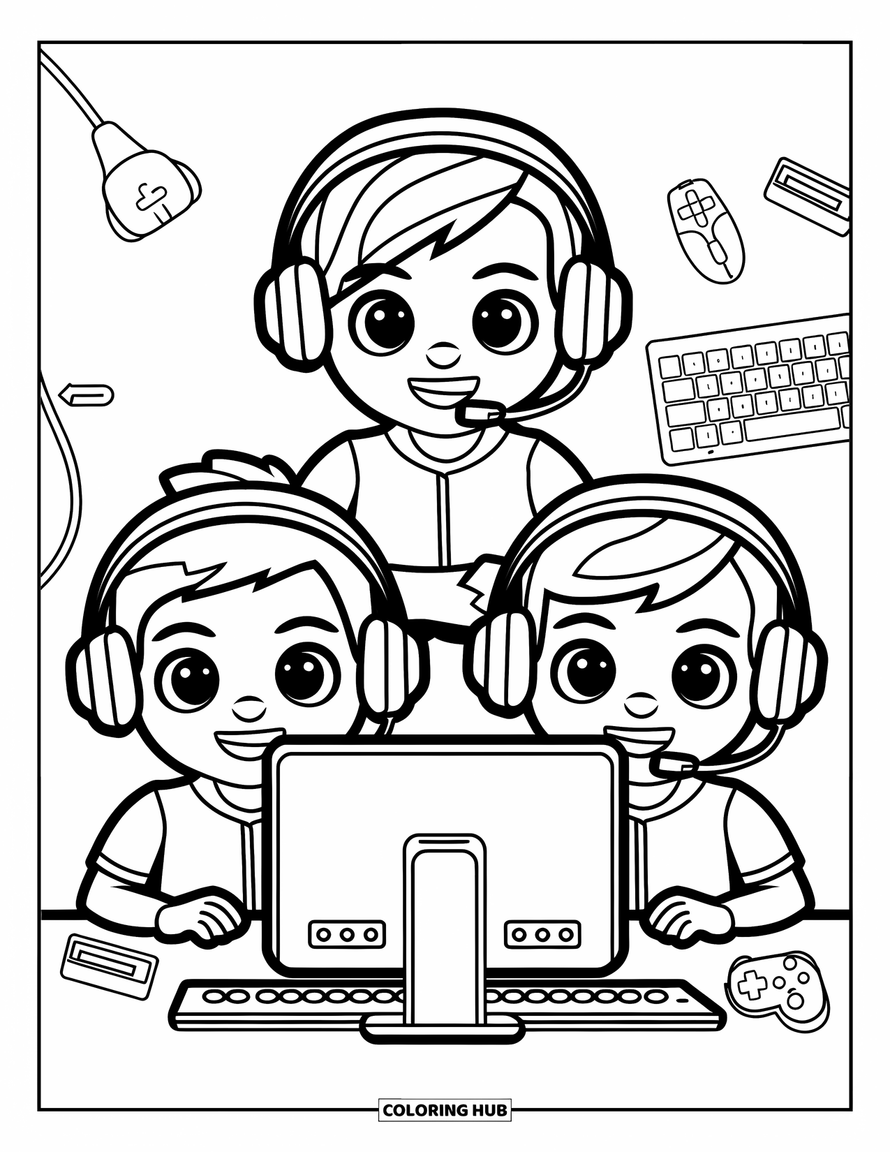 Gamer Coloring Page for Kids: Three kids in headsets sitting together at a computer screen