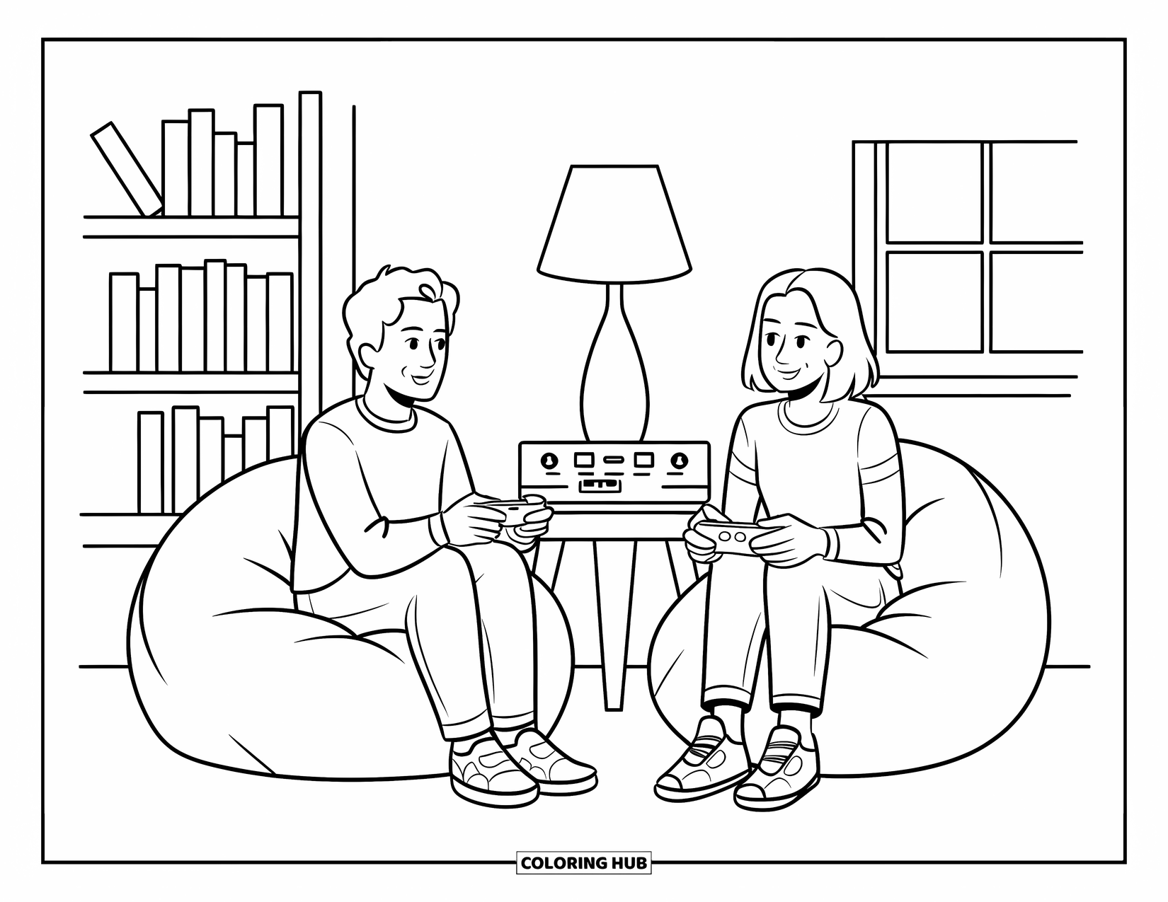 Gamer Coloring Page for Kids: Two friends gaming on bean bags in a cozy room