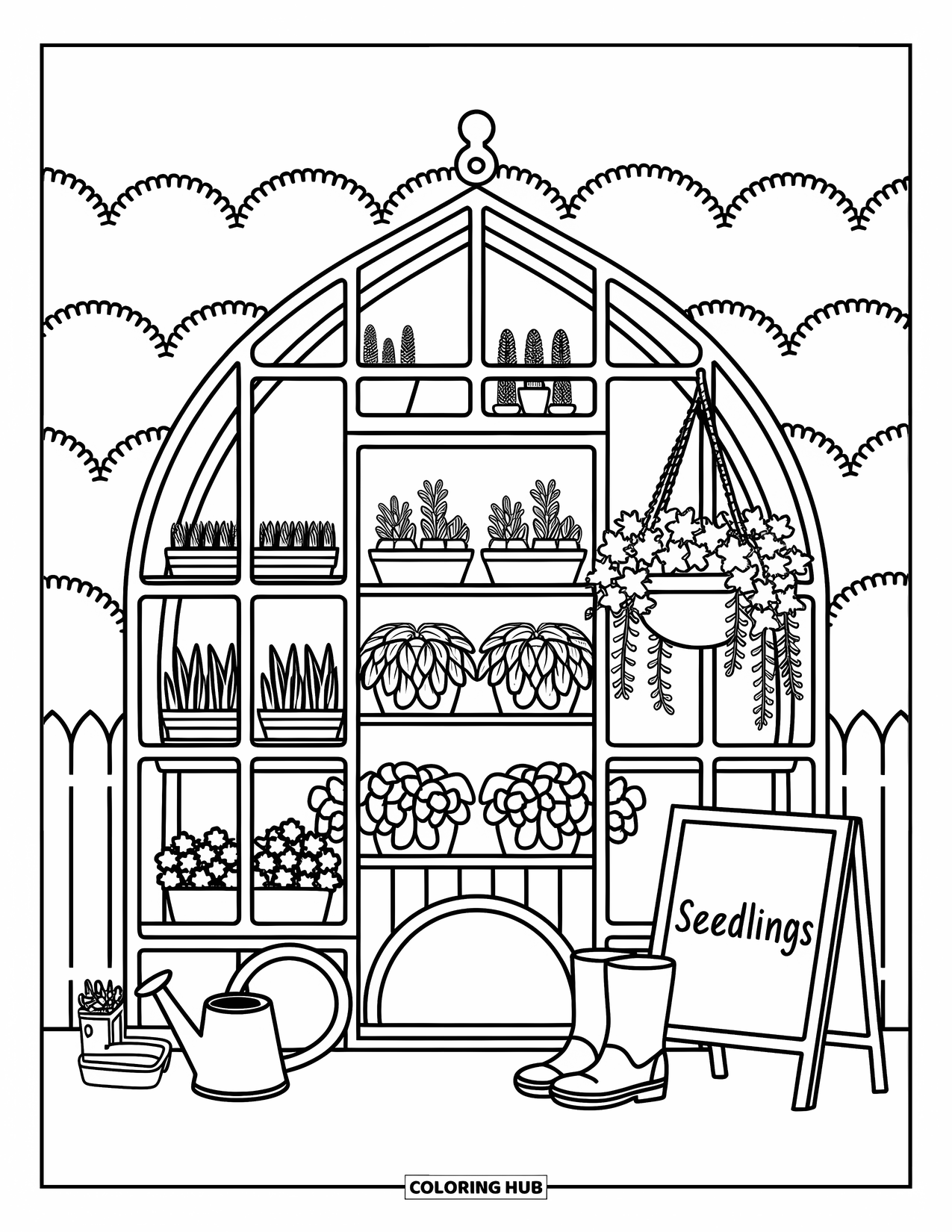Gardening Coloring Page for Adults: Arched greenhouse with pots, seedlings, and a sign reading "Seedlings"