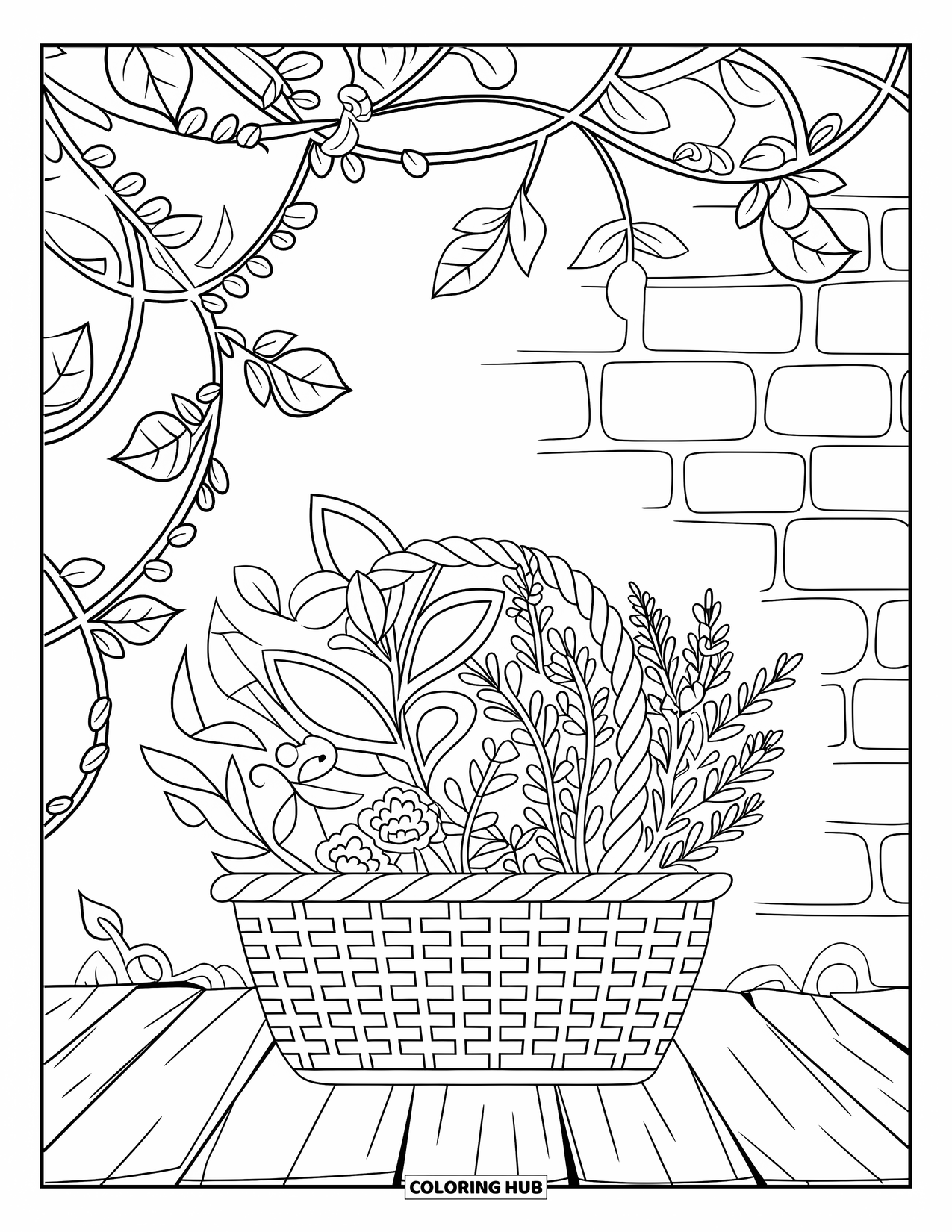 Gardening Coloring Page for Adults: Basket of herbs framed by vines against a rustic wall