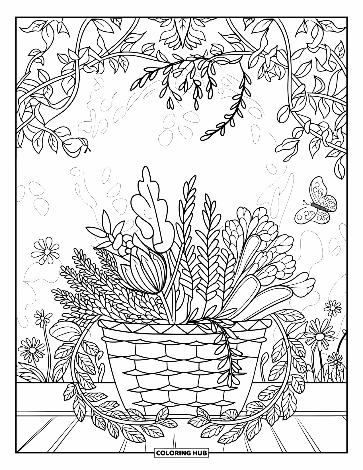Gardening Coloring Page for Adults: Basket of herbs with vines, flowers, and a butterfly