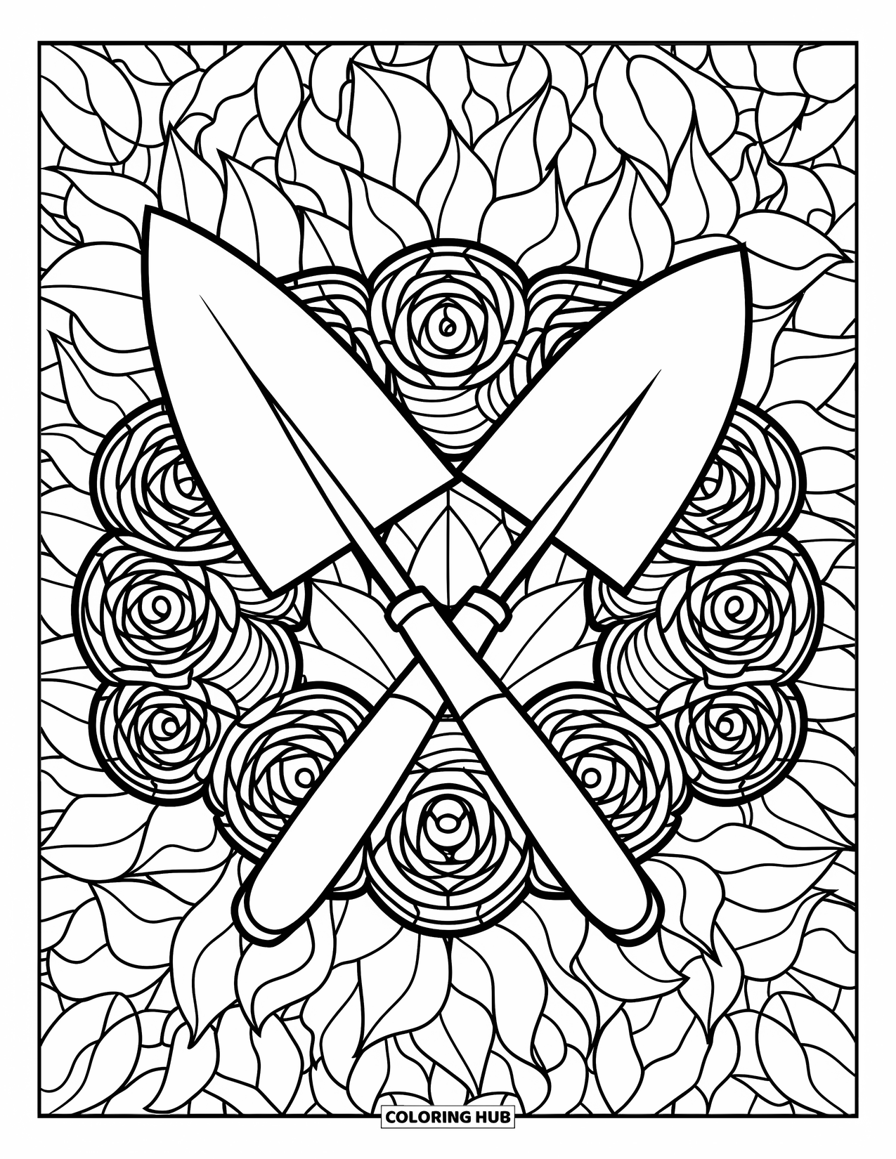 Gardening Coloring Page for Adults: Crossed garden tools encircled by stained glass rose patterns