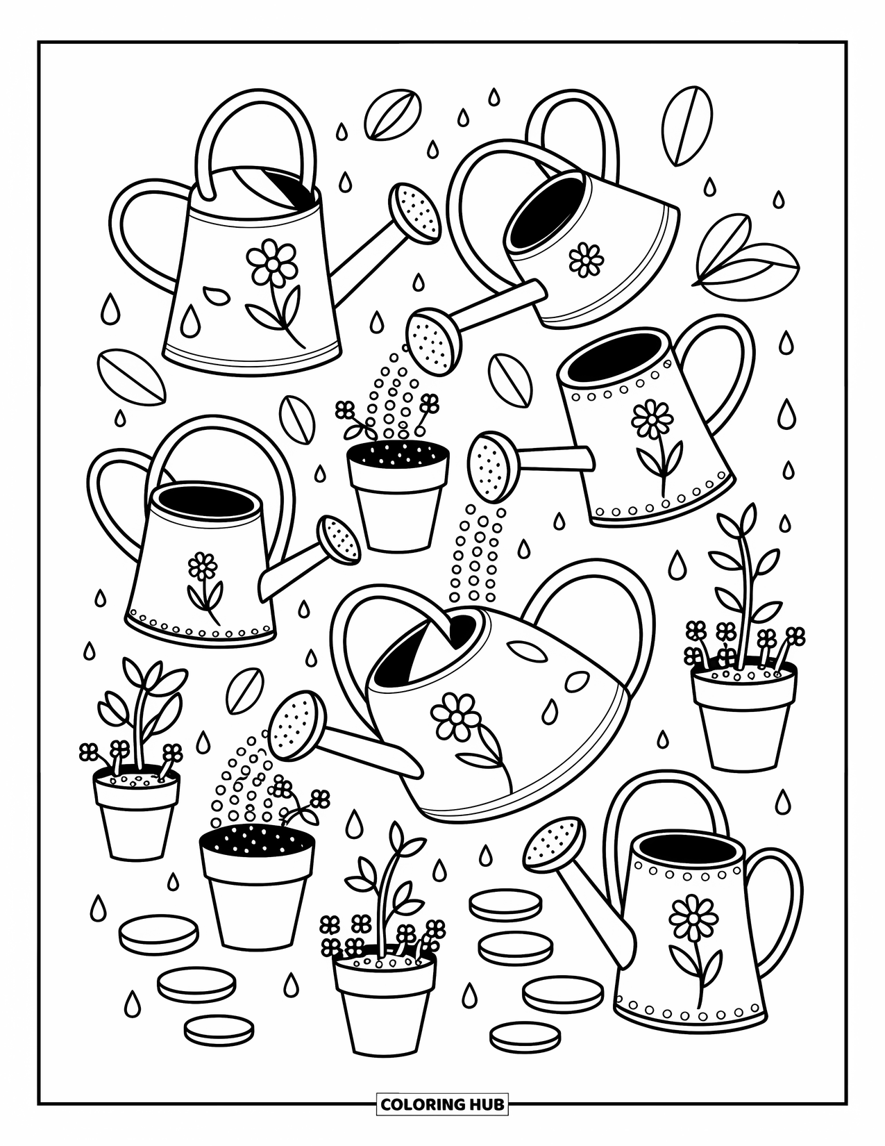 Gardening Coloring Page for Adults: Cute watering cans spilling water on pots with playful sprouts