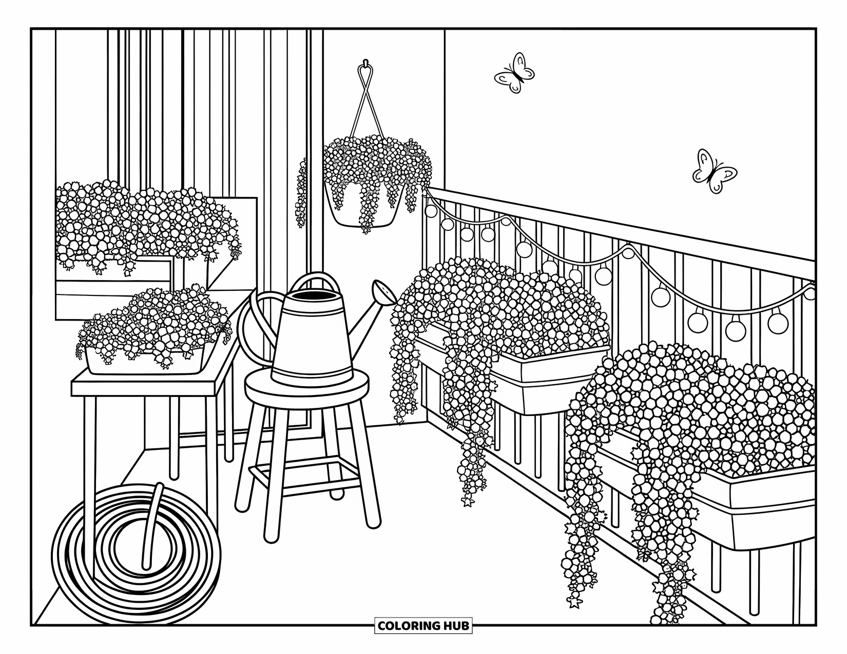 Gardening Coloring Page for Adults: Narrow balcony filled with greenery, potted plants, and playful butterflies