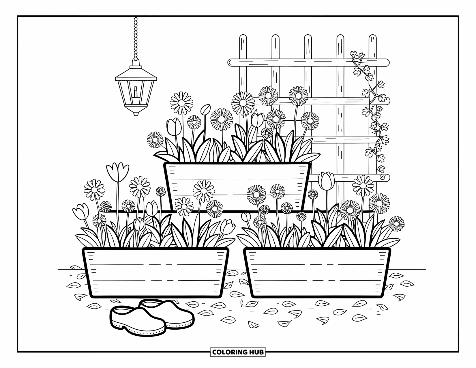 Gardening Coloring Page for Adults: Planter boxes with flowers, scattered petals, and a glowing garden lantern