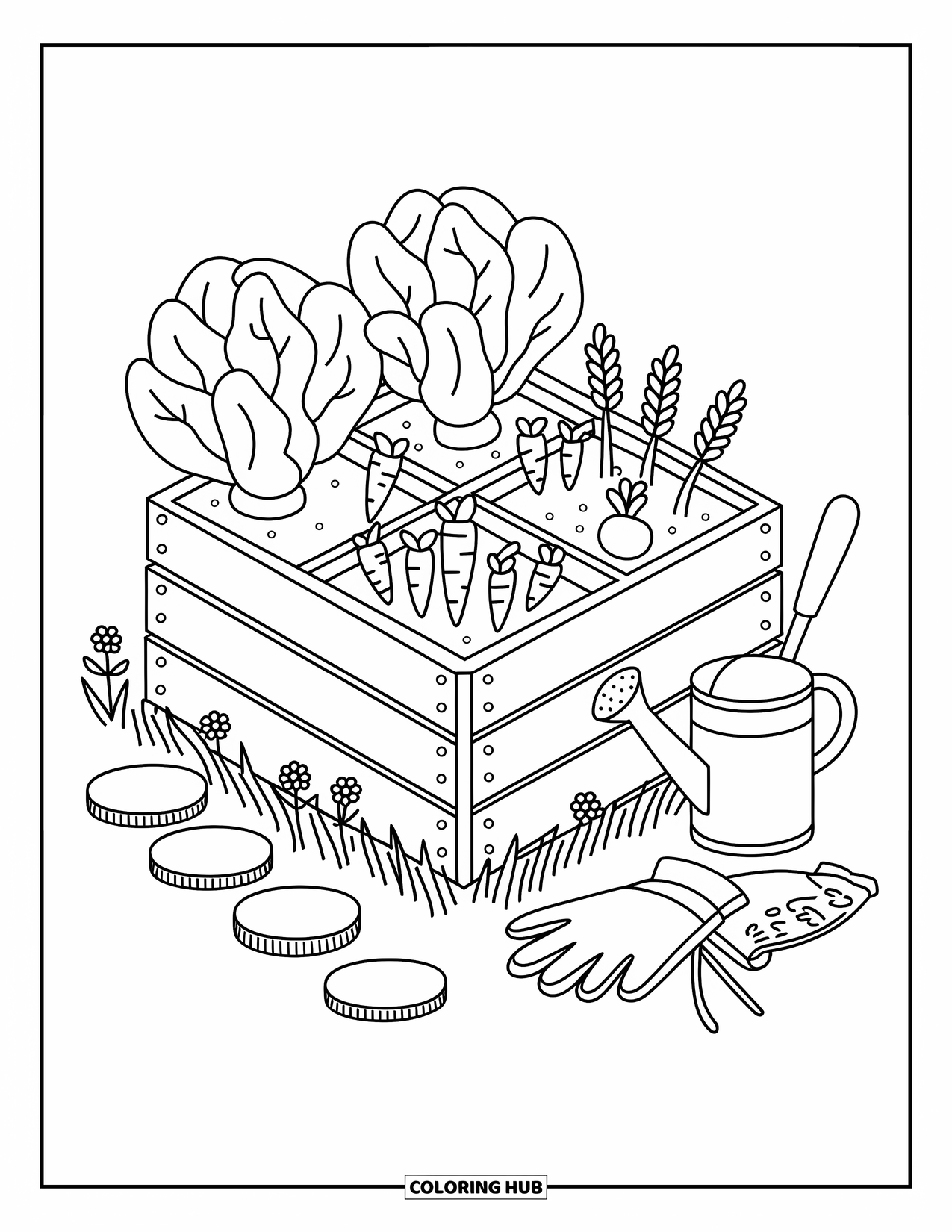 Gardening Coloring Page for Adults: Raised garden bed with lettuce, carrots, and radishes in neat squares