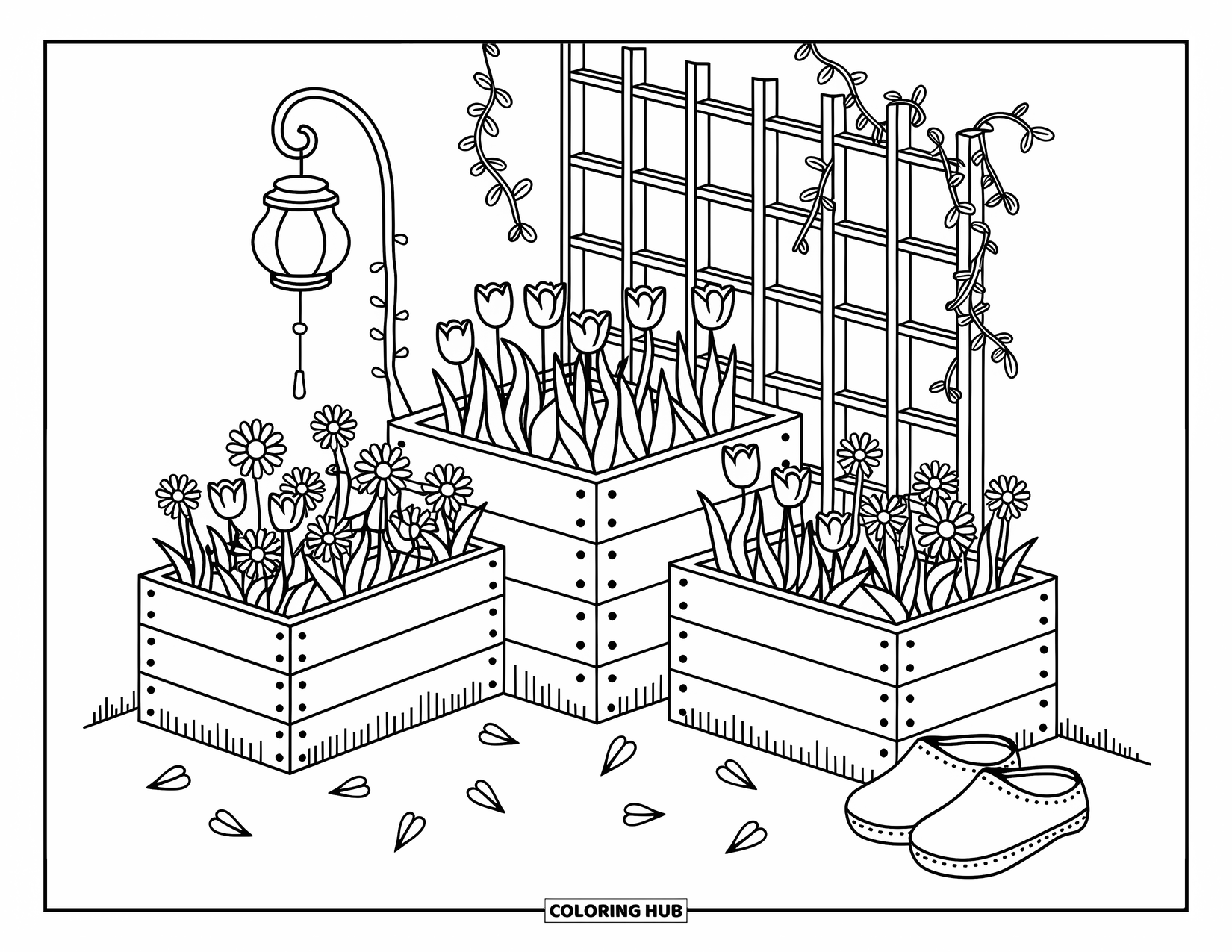 Gardening Coloring Page for Adults: Raised planter boxes with flowers, trellis vines, and scattered petals
