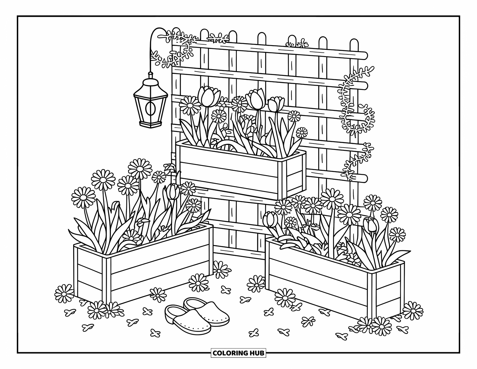 Gardening Coloring Page for Adults: Tiered planter boxes full of flowers beside a vine-covered trellis