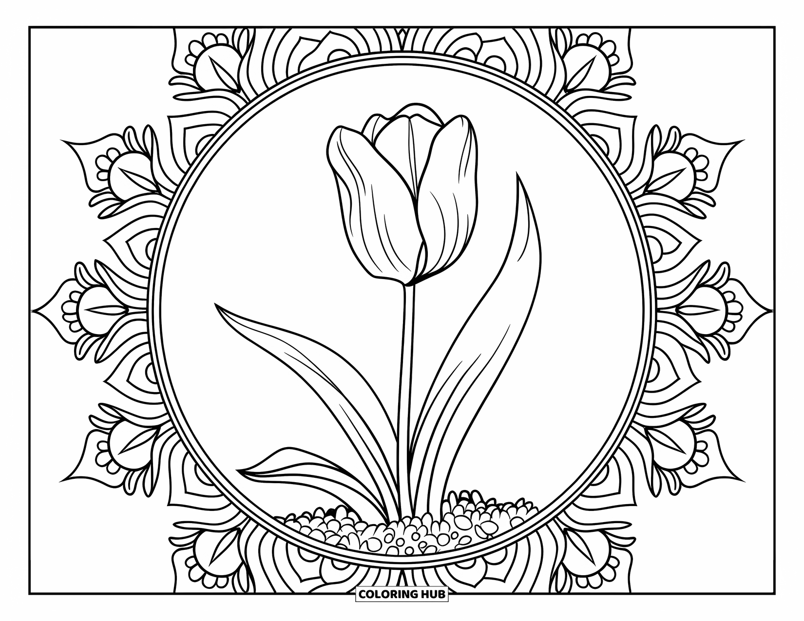Gardening Coloring Page for Adults: Tulip sprouting from soil within an intricate mandala frame