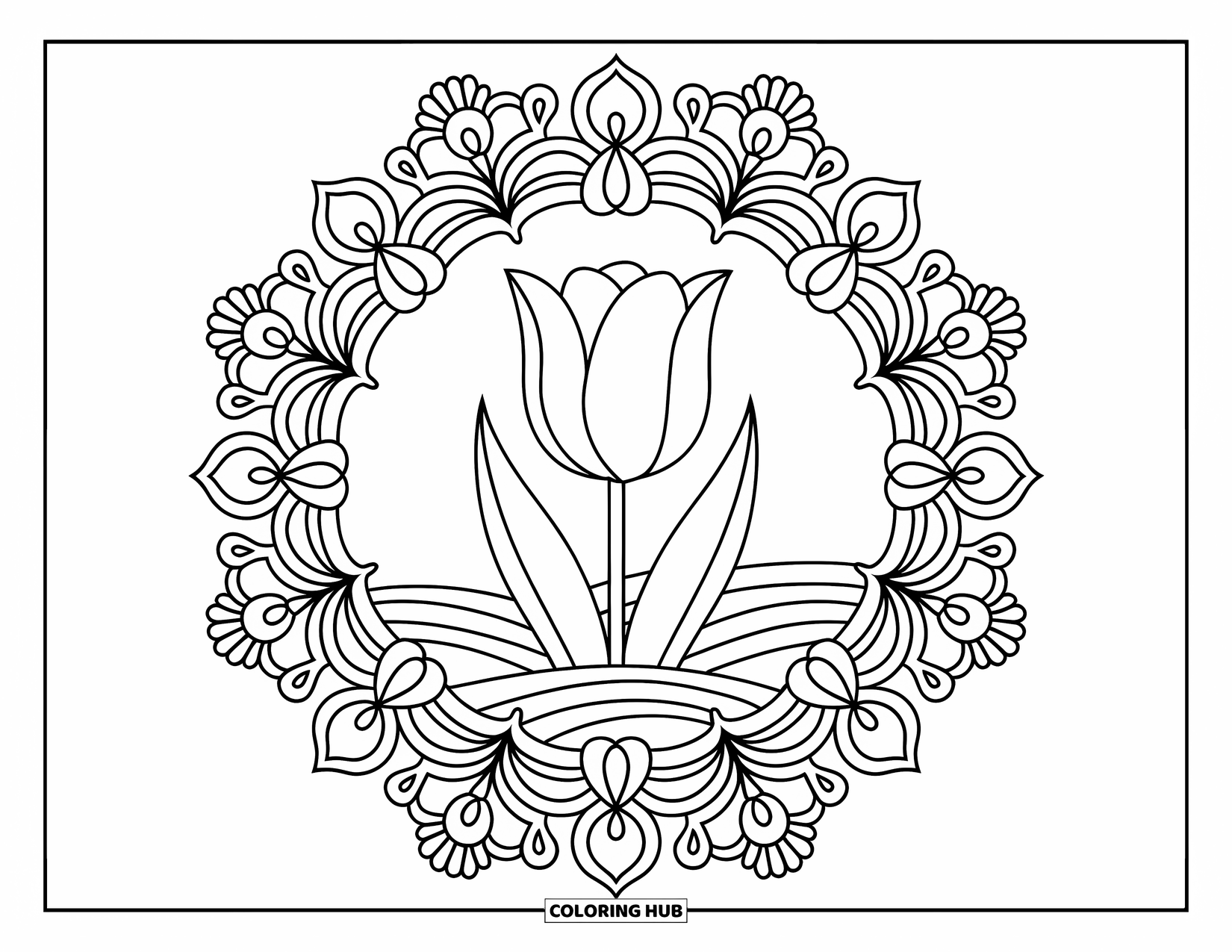 Gardening Coloring Page for Adults: Tulip with wide petals framed by detailed mandala flowers
