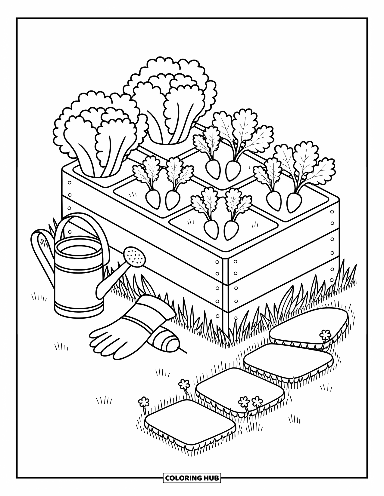Gardening Coloring Page for Adults: Vegetable garden bed with lettuce, carrots, radishes, and gardening tools