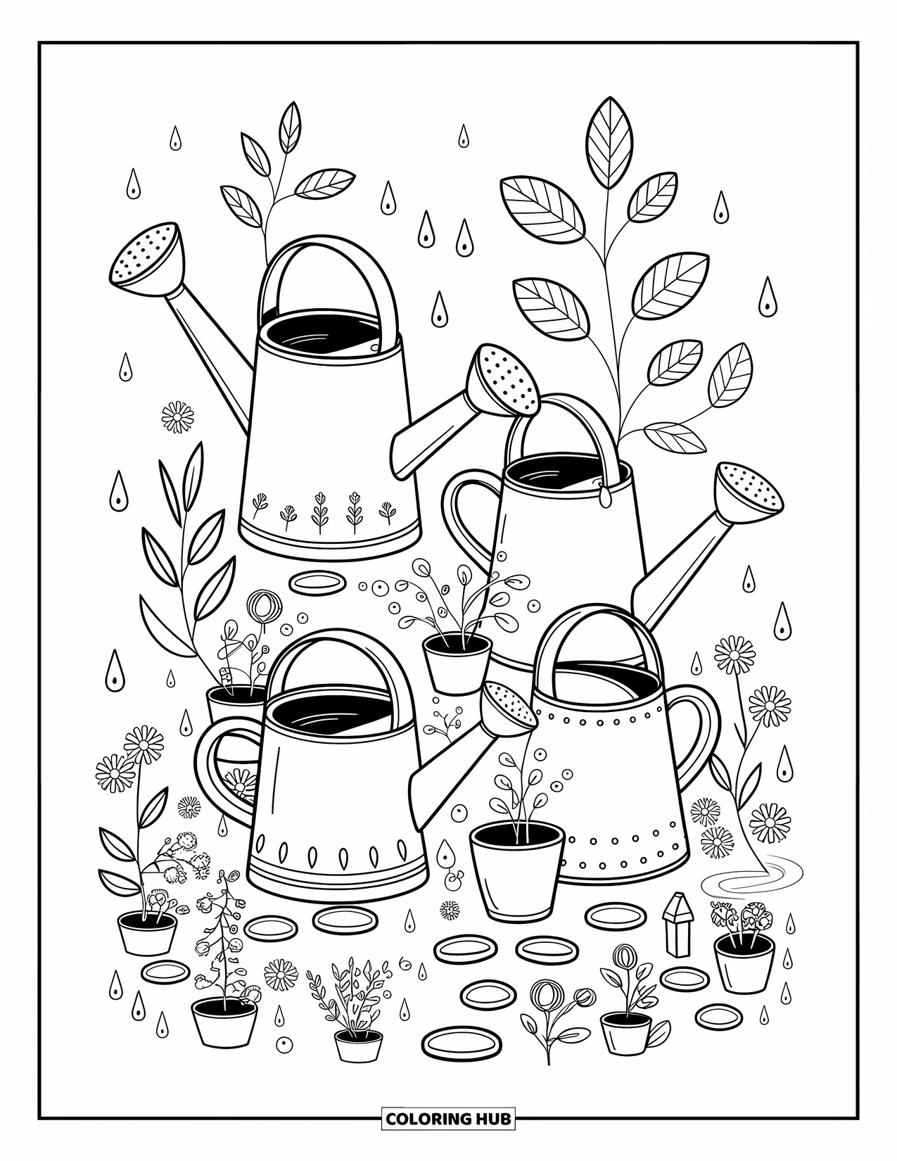 Gardening Coloring Page for Adults: Watering cans of different shapes surrounded by tiny pots and sprouts