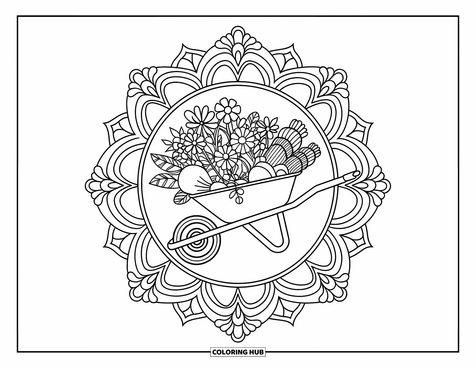 Gardening Coloring Page for Adults: Wheelbarrow filled with plants surrounded by intricate mandala patterns