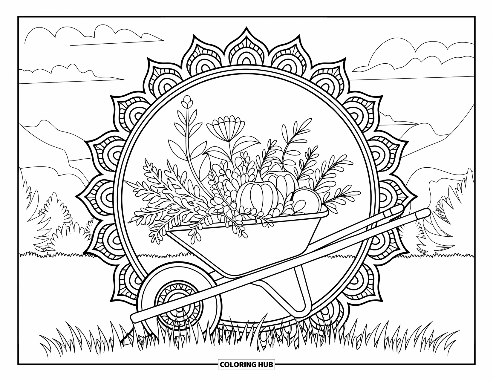 Gardening Coloring Page for Adults: Wheelbarrow with flowers and vegetables framed by detailed mandala designs