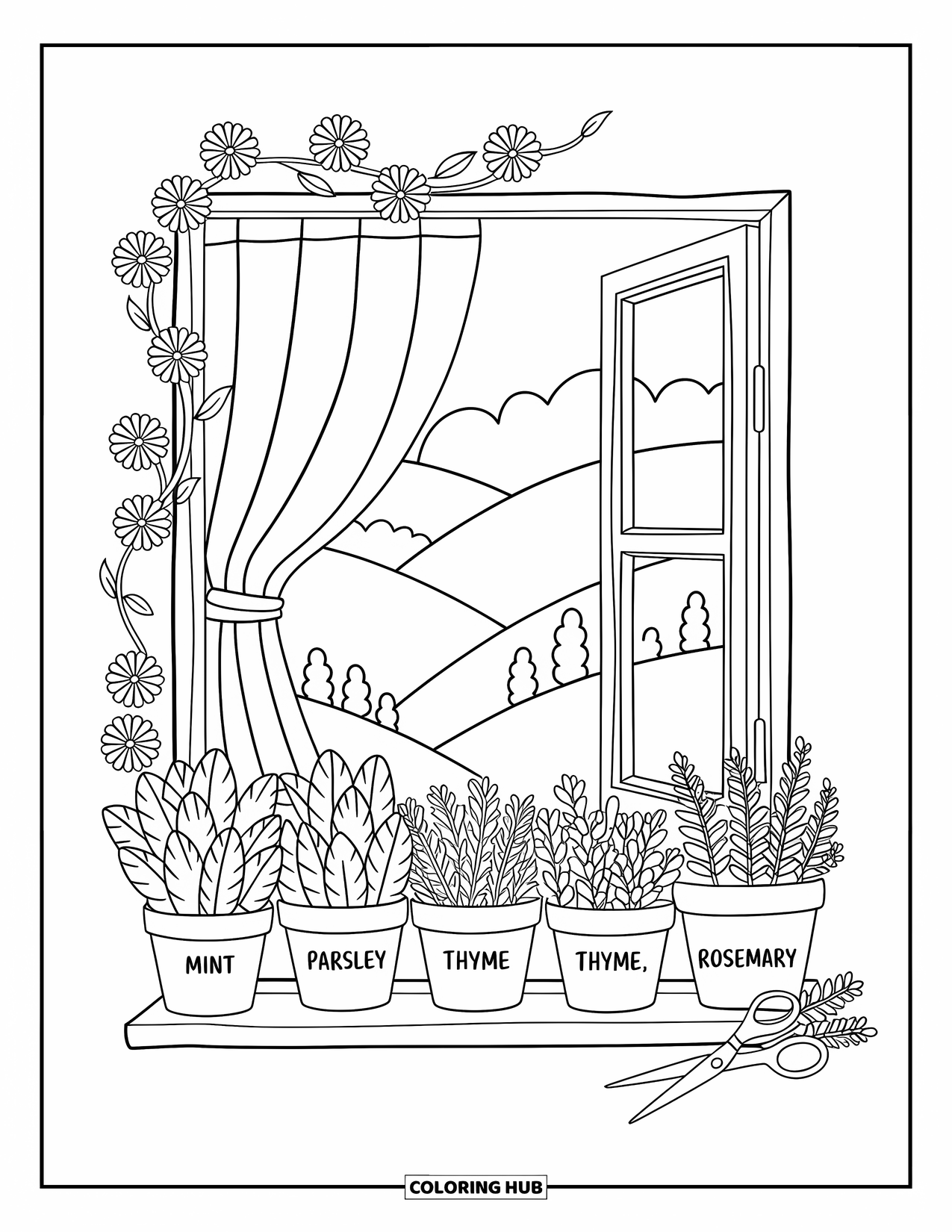 Gardening Coloring Page for Adults: Windowsill lined with labeled herb pots and a pair of scissors