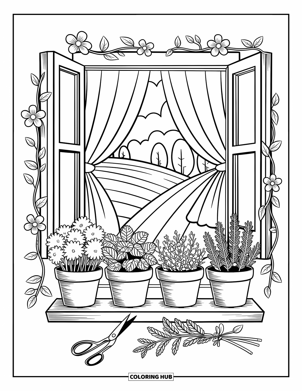 Gardening Coloring Page for Adults: Windowsill with labeled herb pots and a glimpse of rolling hills