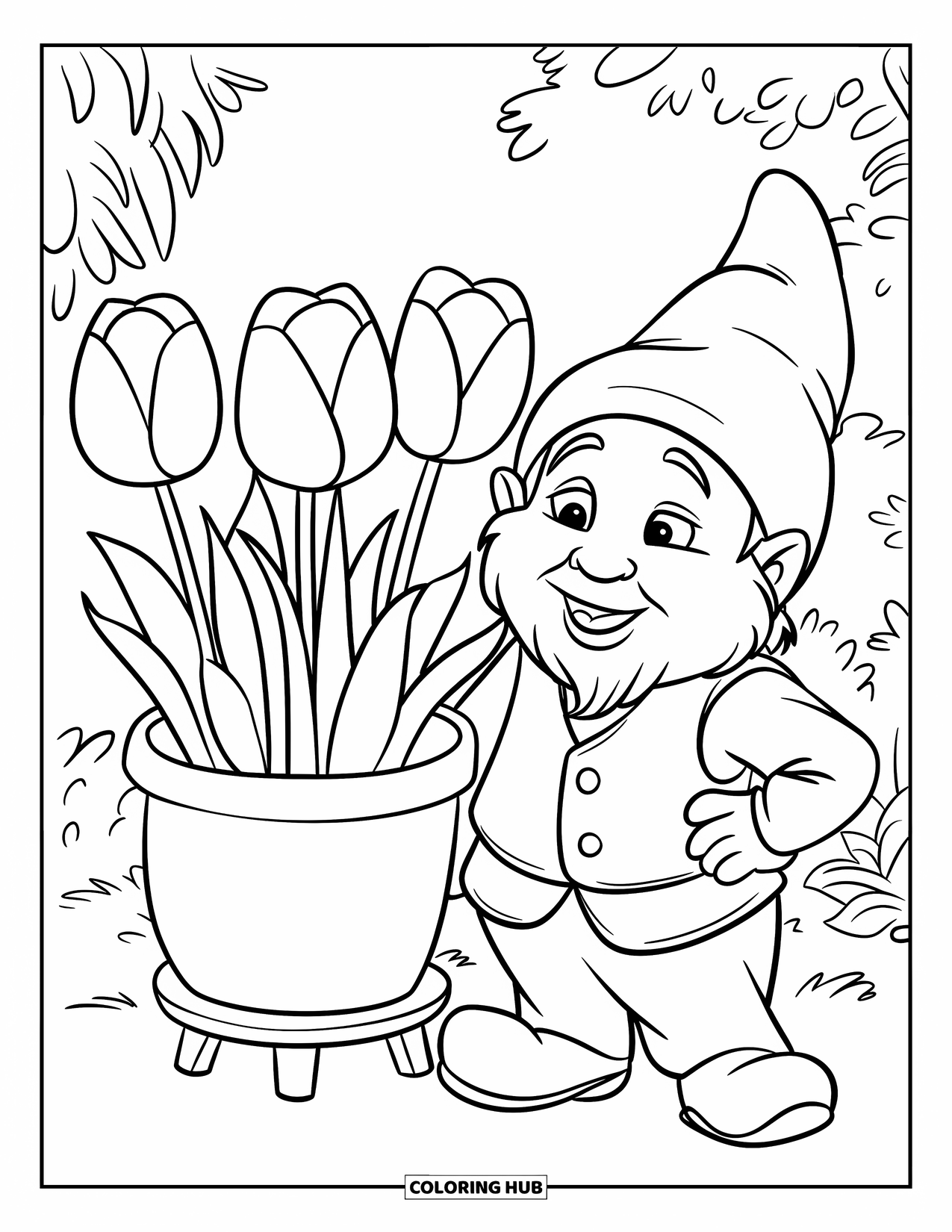 Gardening Coloring Page for Kids: Cheerful gnome in a garden with tulips on a stand