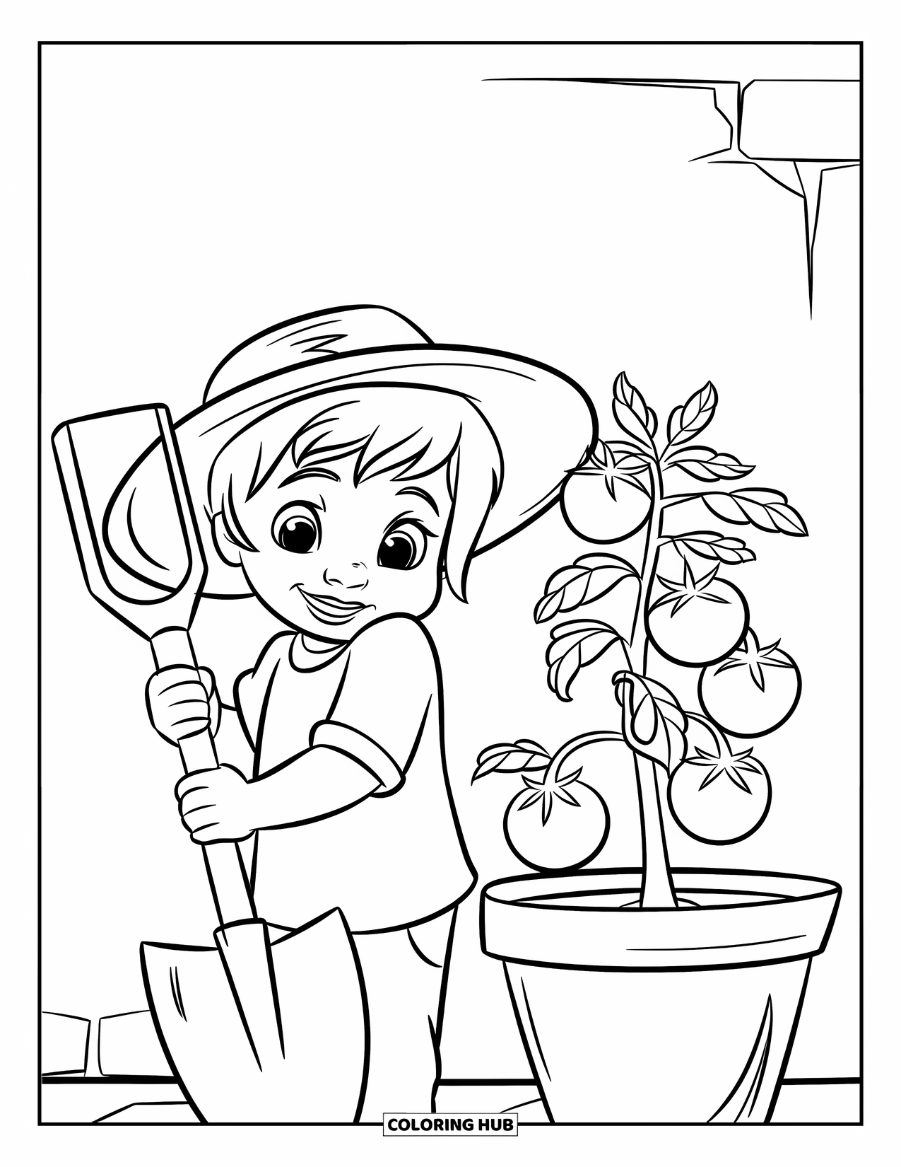Gardening Coloring Page for Kids: Child in a straw hat with a potted tomato plant