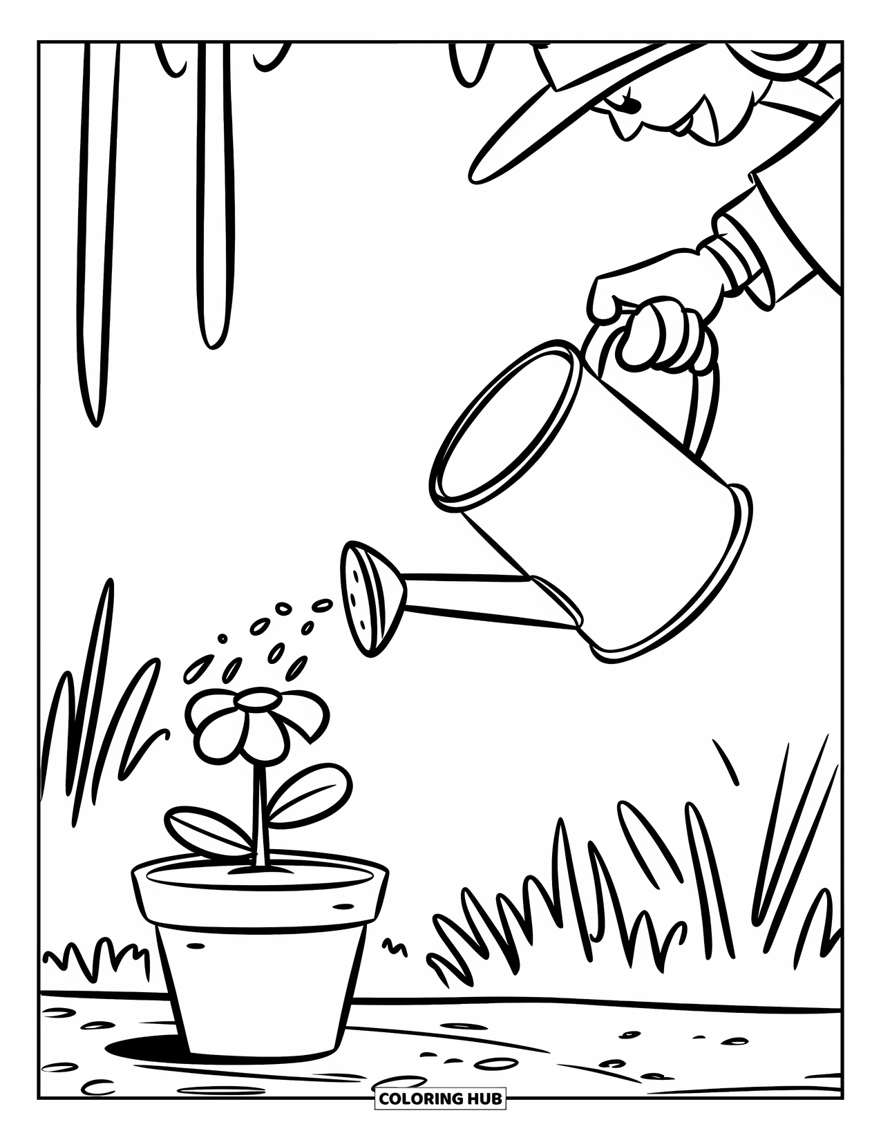 Gardening Coloring Page for Kids: Child with top hat waters a small potted flower
