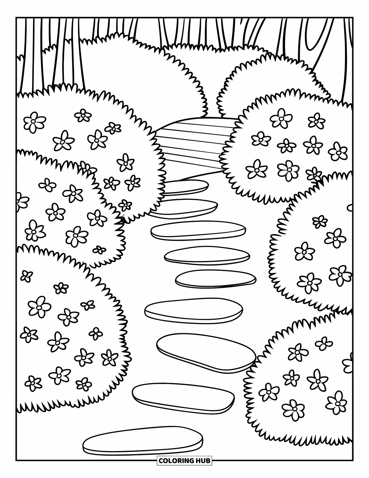 Gardening Coloring Page for Kids: Garden path with stepping stones leading to a small bridge