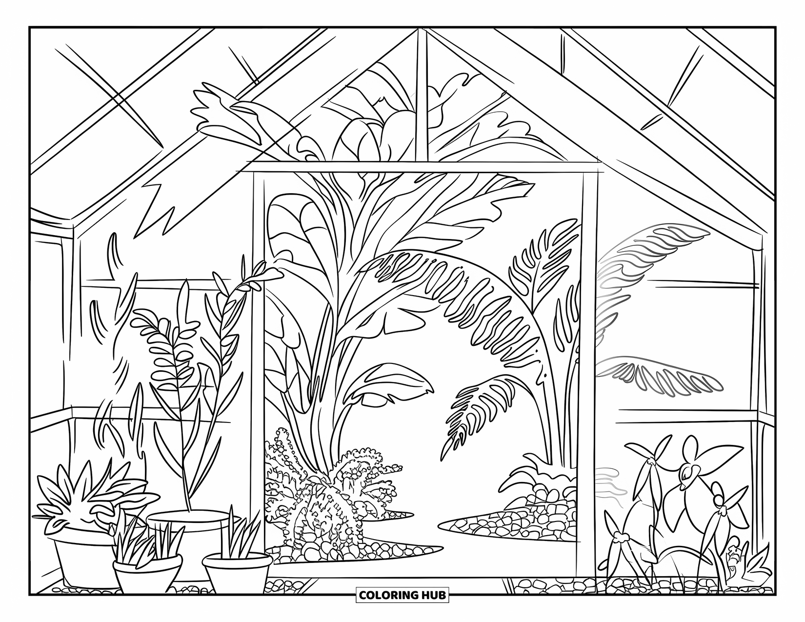 Gardening Coloring Page for Kids: Greenhouse filled with ferns, palms, and orchids