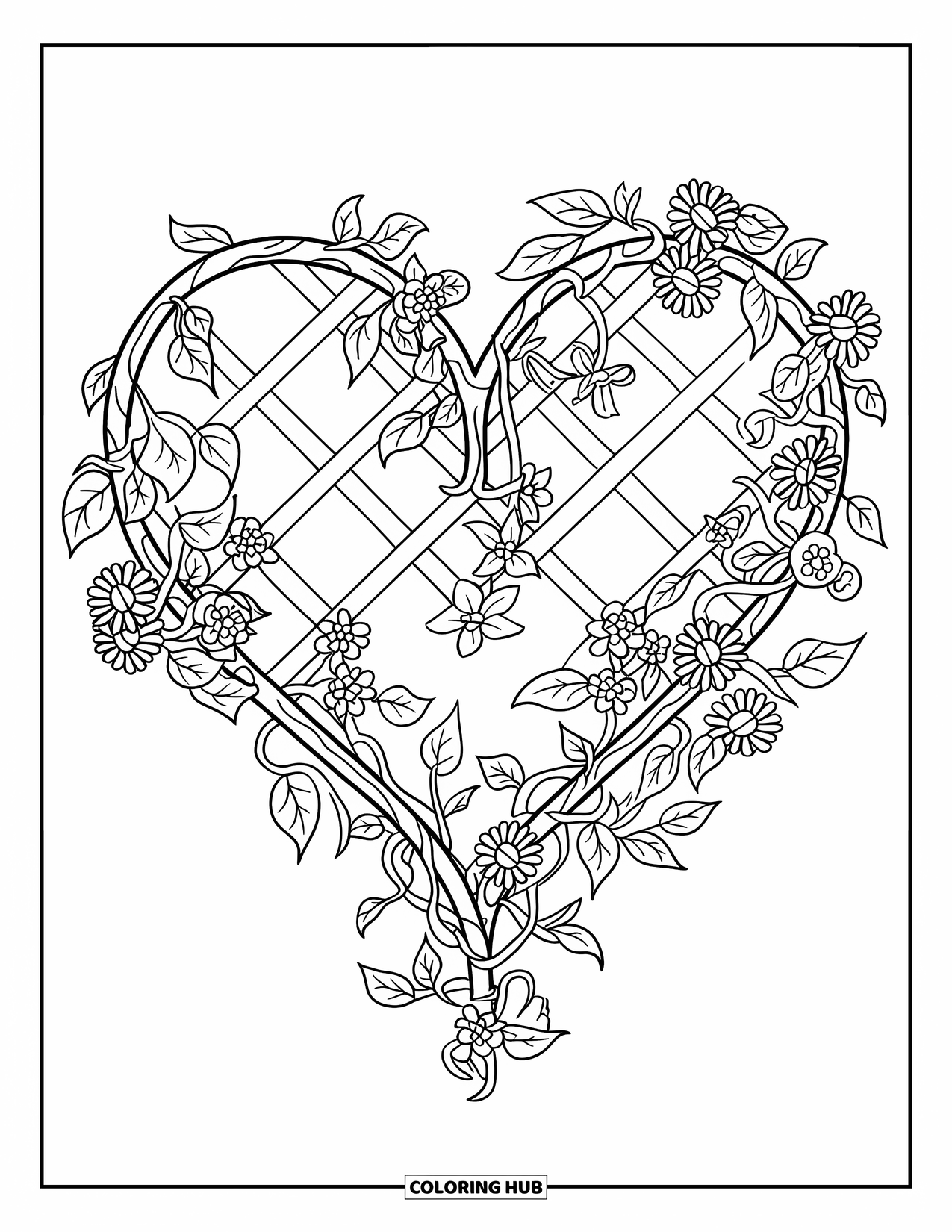 Gardening Coloring Page for Kids: Heart-shaped trellis covered with vines and flowers