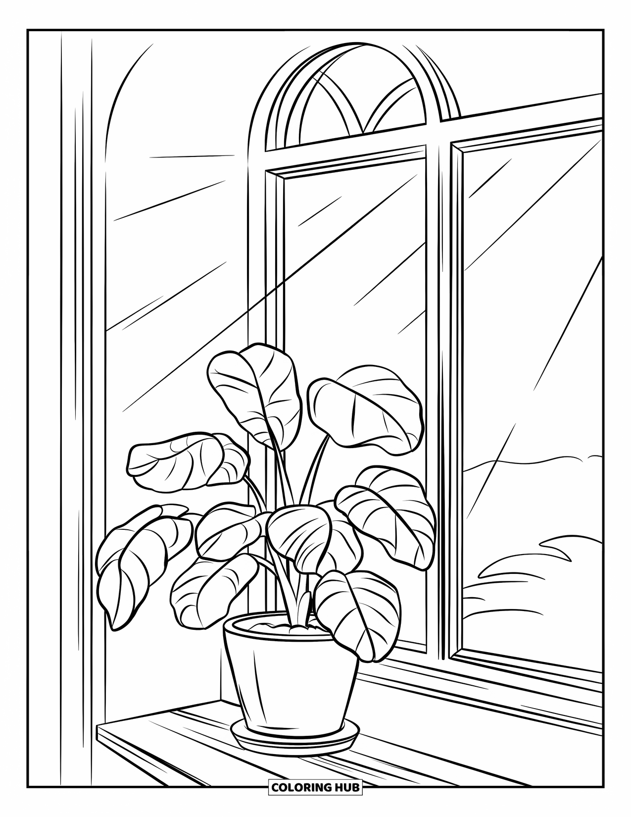 Gardening Coloring Page for Kids: Potted indoor plant basking in sunlight through a window