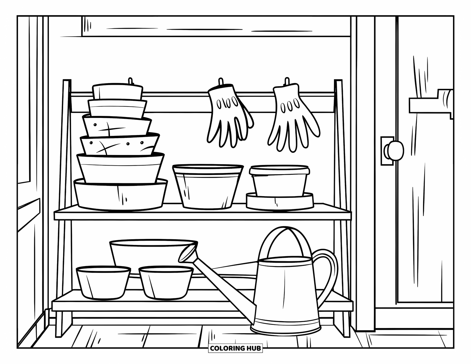 Gardening Coloring Page for Kids: Simple shelf with pots, gloves, and a watering can nearby