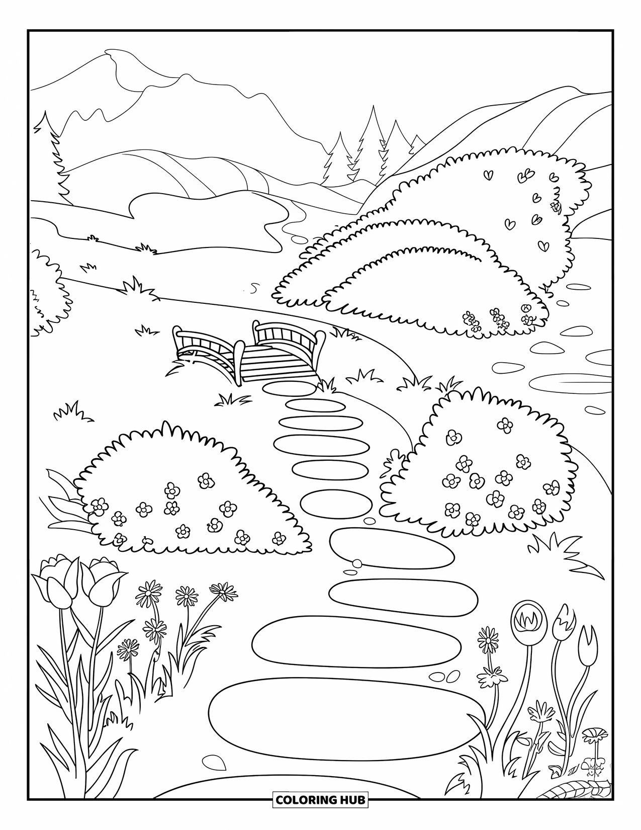 Gardening Coloring Page for Kids: Stepping stone path lined with flowers leading to a bridge